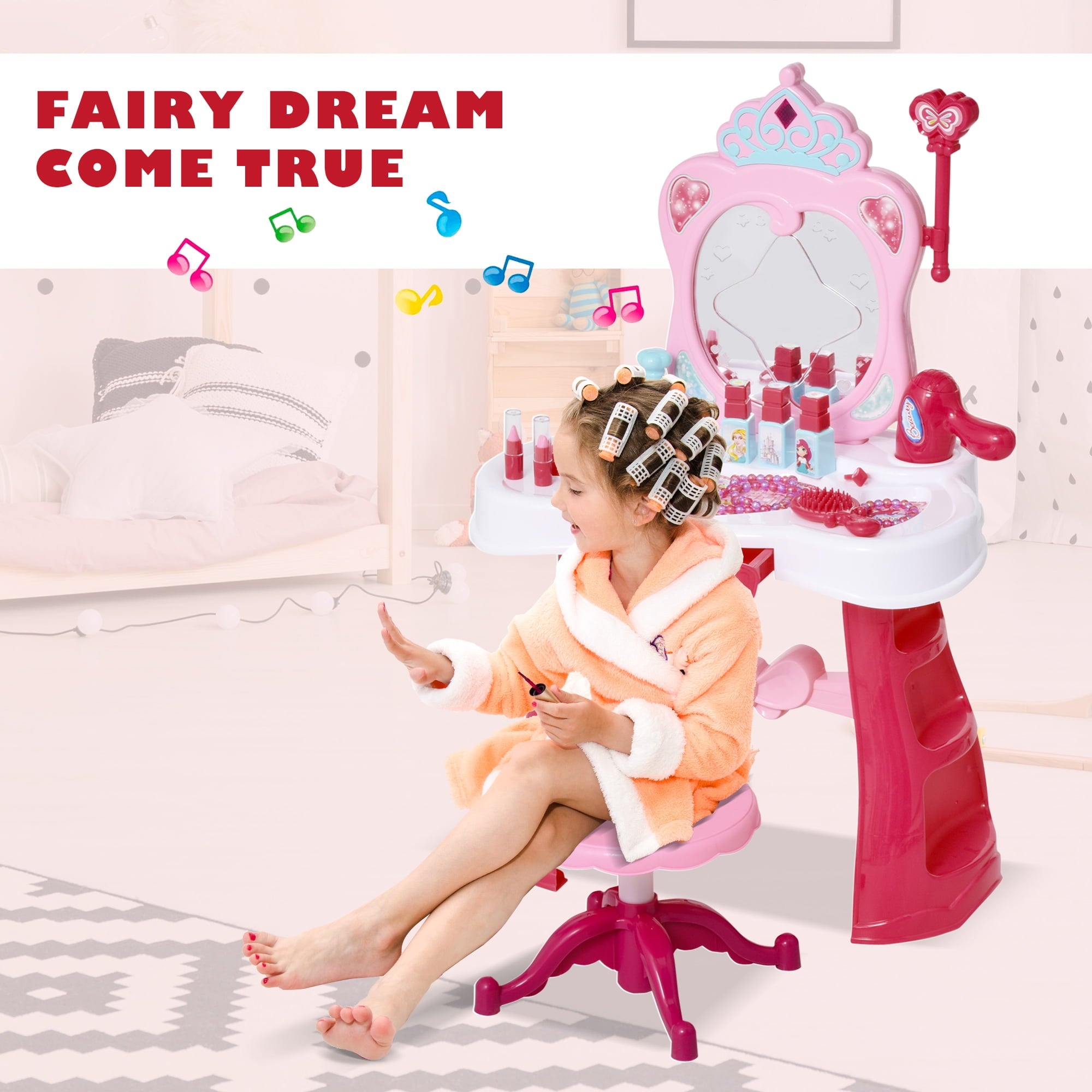 Lowest Prices - Qaba Children Dressing Table Set for Kids of 3-6 Years Dream Princess Vanity Set for Girls Make Up Table and Stool Set with Music and Lightening Pink White