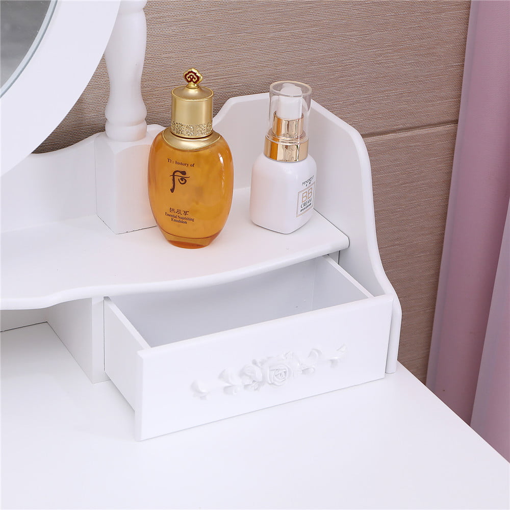 Lowest Prices - Ktaxon Vanity Jewelry Wooden Makeup Dressing Table Set W/Stool Mirror Cabinet &4 Drawer