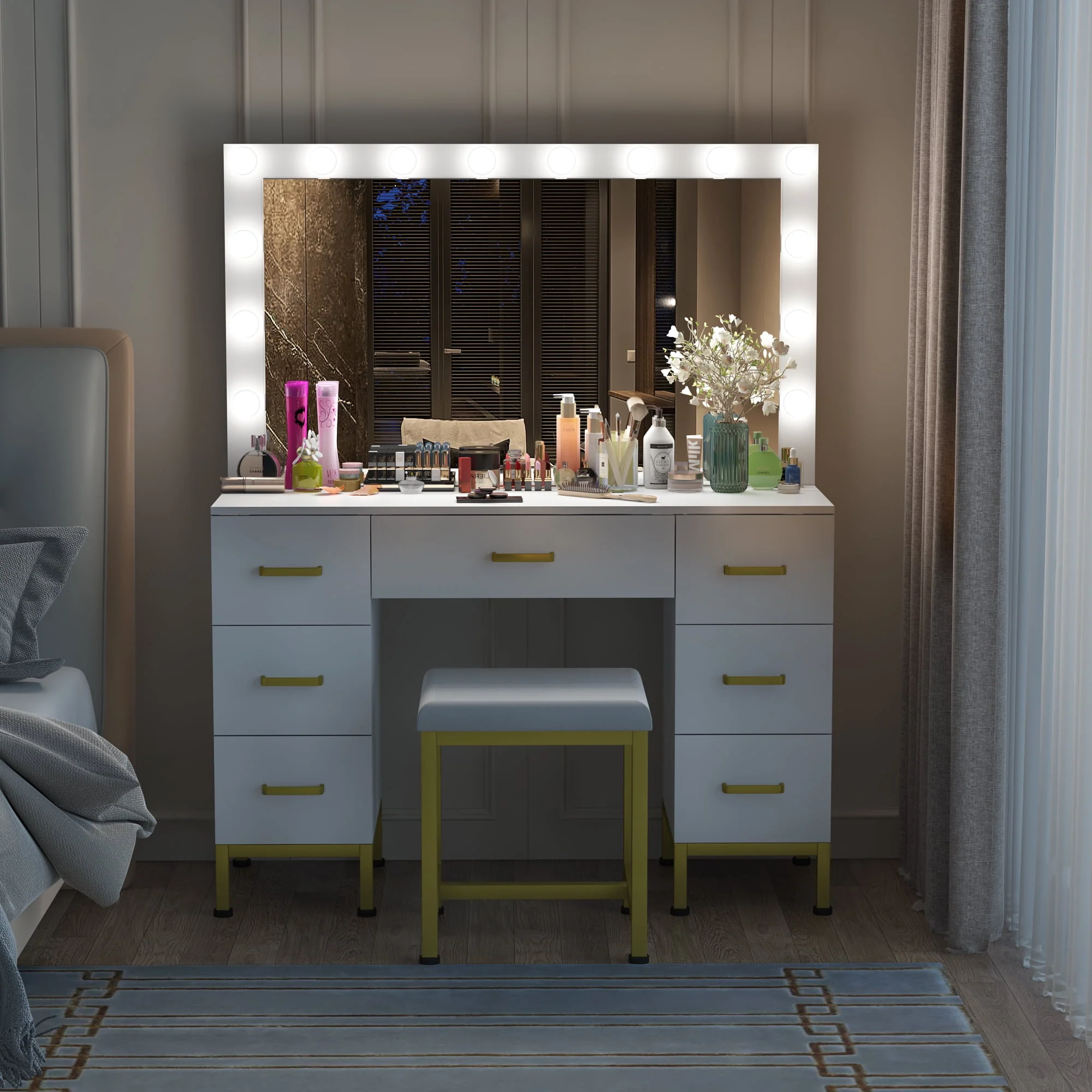 Lowest Prices - PAKASEPT Vanity Set with Lighted Mirror, Makeup Vanity Dressing Table with 14PCS LED Bulbs, Cushioned Stool & 7 Drawers, Large 44