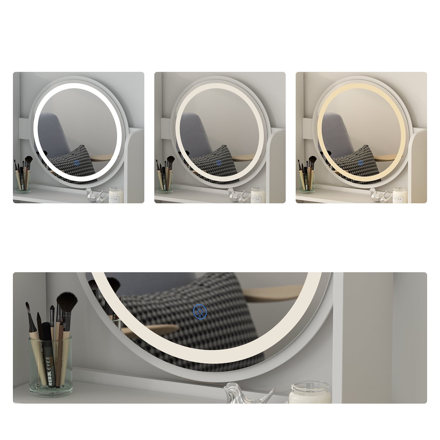 Lowest Prices - Makeup Vanity Dressing Table with 5 Drawers and Shelves, Vanity Set with Lighted Round Mirror, White Dresser Desk and Cushioned Stool Set