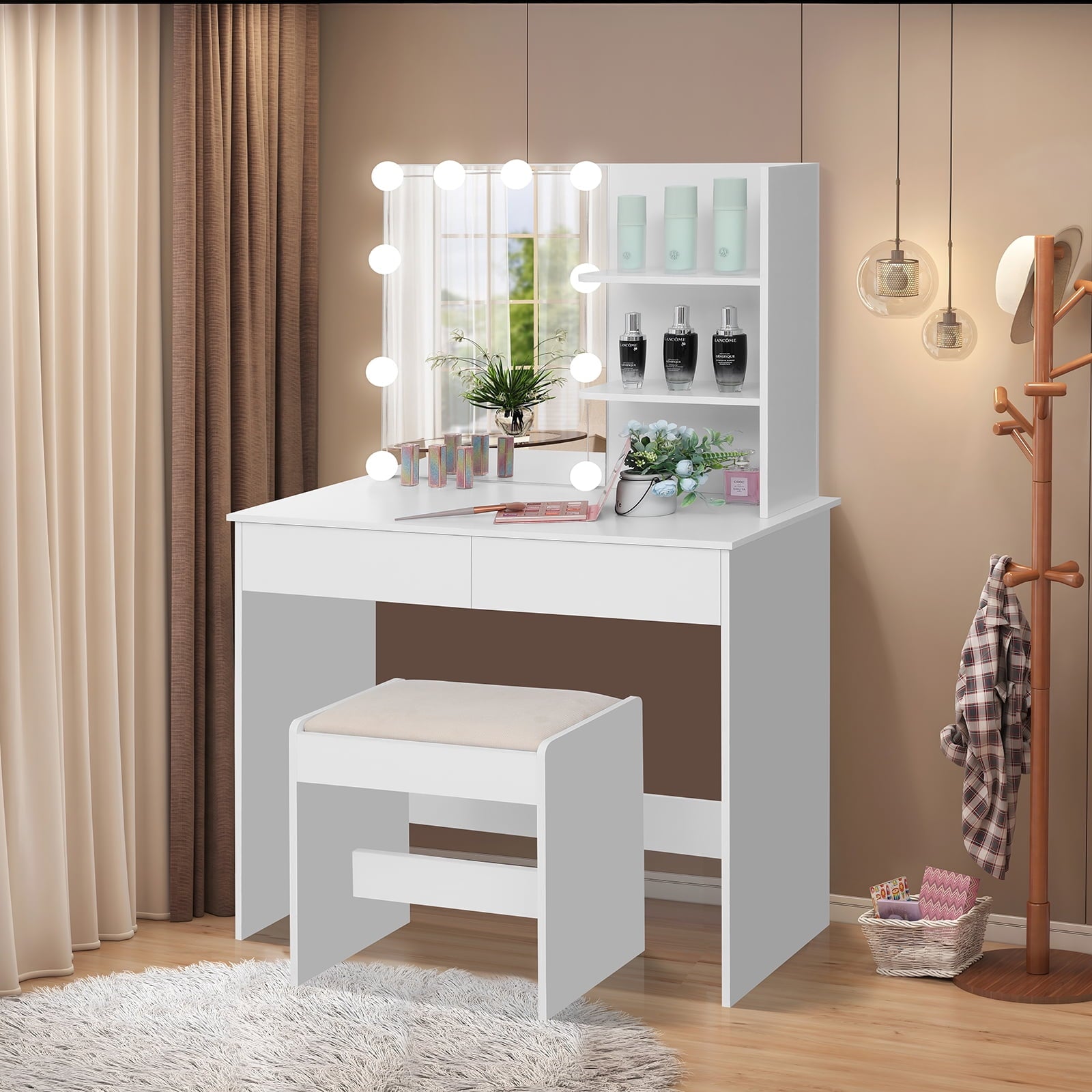 Lowest Prices - USIKEY Vanity Table Set for Gift with 10 Hollywood Style Lights, Dressing Vanity Table with 2 Long Shelves and 2 Big Drawers, Makeup Table with Cushioned Stool for Women, Girls, Bedroom, White