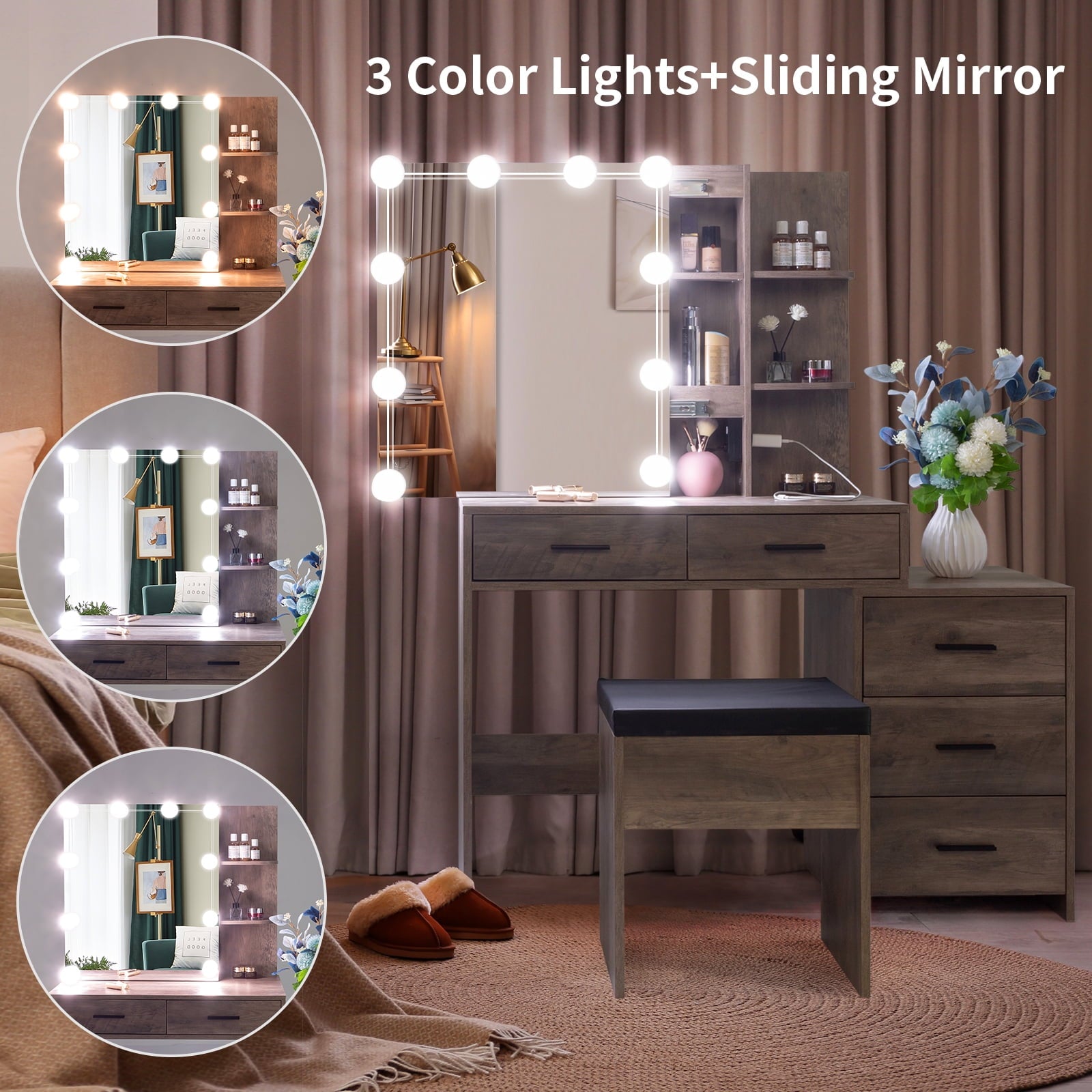 Lowest Prices - Ktaxon Lighted Vanity Makeup Table Set with Charging Station, Sliding Mirror with Cushioned Stool
