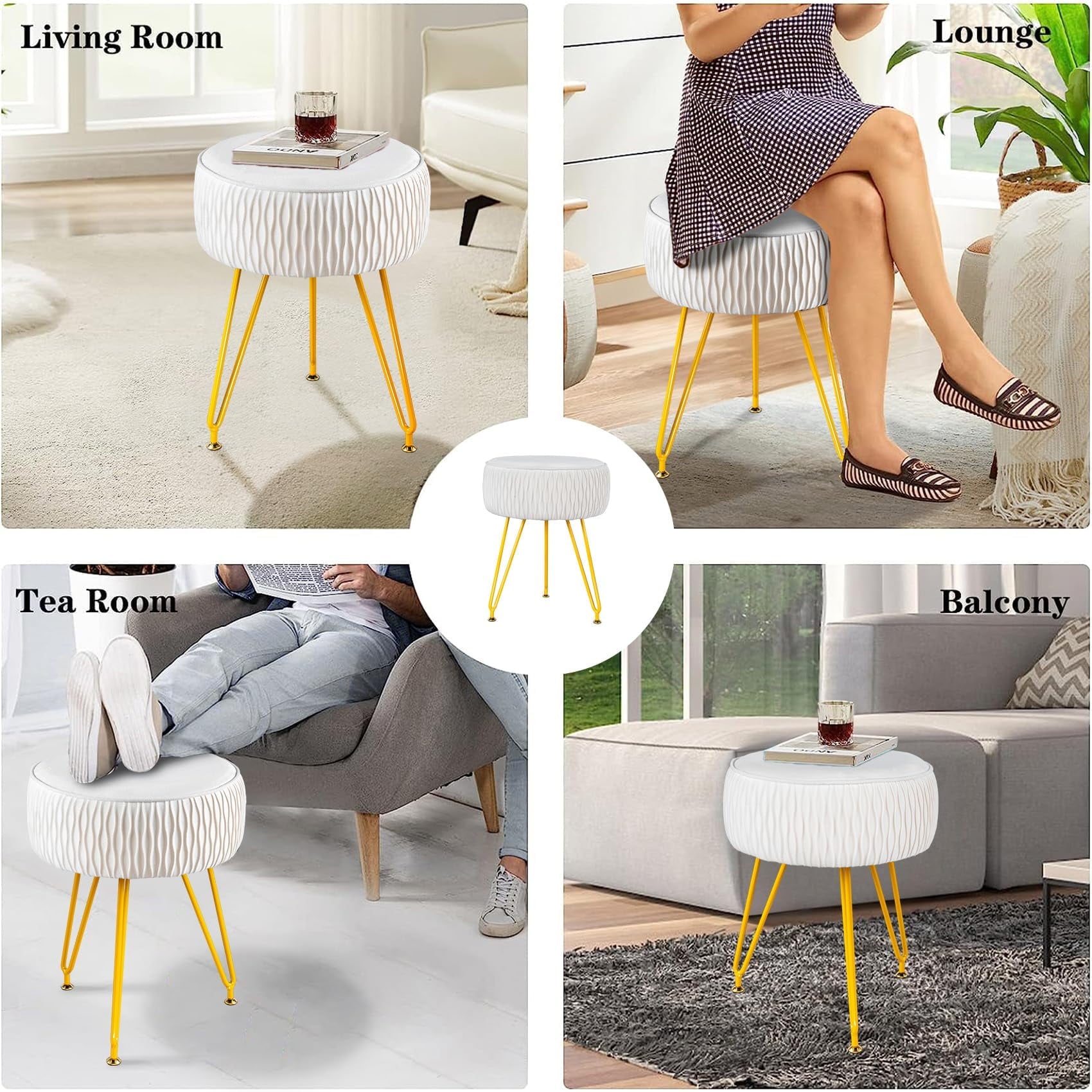 Lowest Prices - PROHIKER Velvet Round Footrest Stool Ottoman, Makeup Vanity Stool Side Table Couch Stool w/Golden Metal Legs, 13