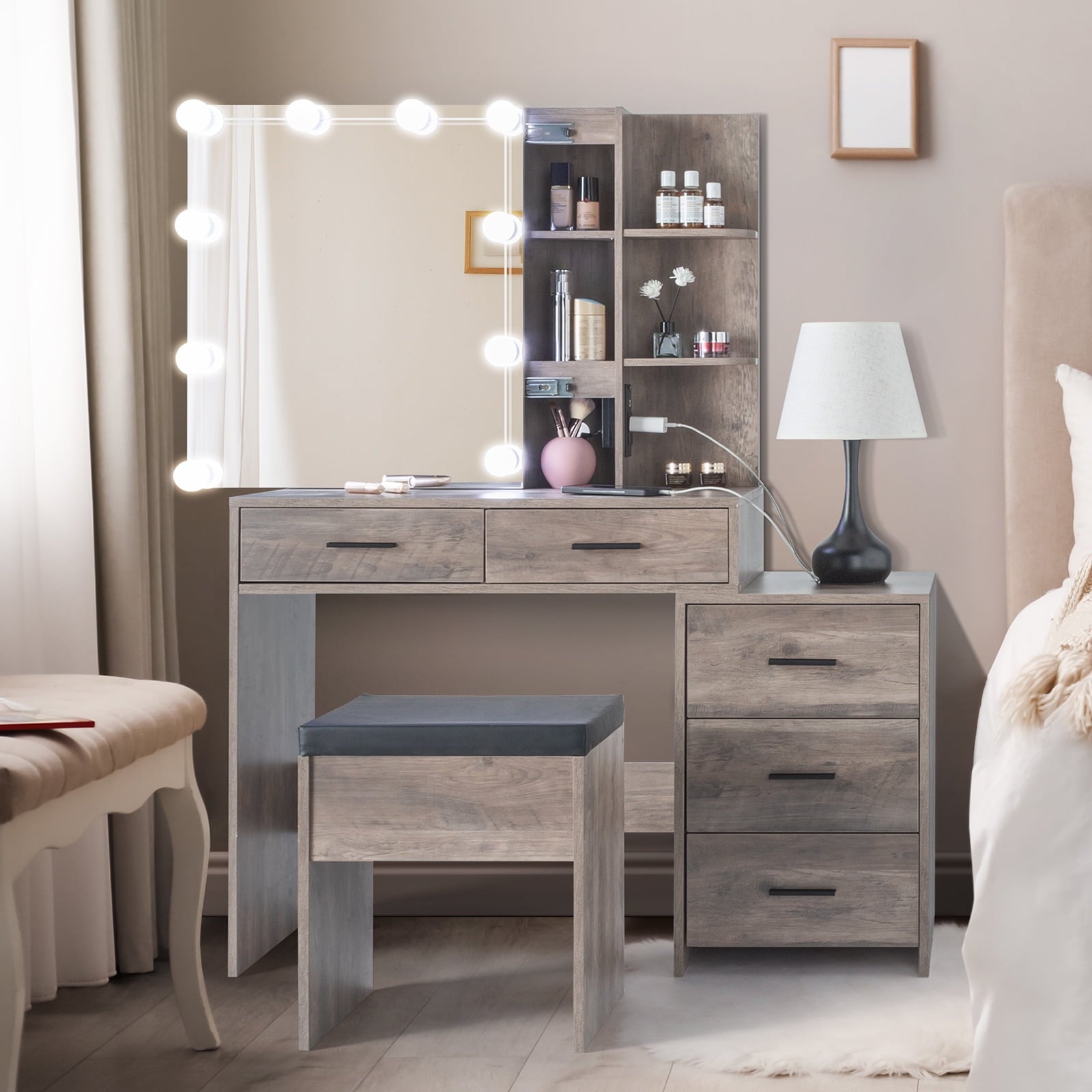 Lowest Prices - Ktaxon Vanity Set with 3 Color Lighted Mirror & Charging Station, Makeup Table with 3 Storage Shelves & Drawers, Dressing Table Makeup Desk with Stool,Retro Gray