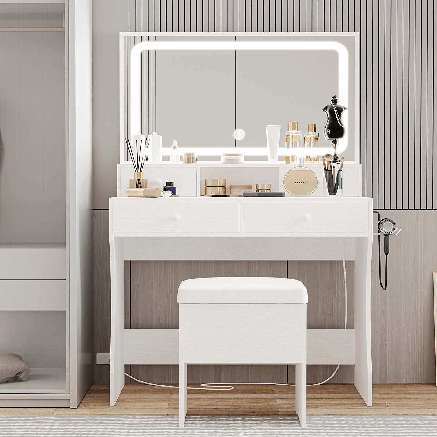 Lowest Prices - LIKIMIO Vanity Desk with LED  Mirror, Bedroom Makeup Table with 4 Drawers, Storage Stool, White