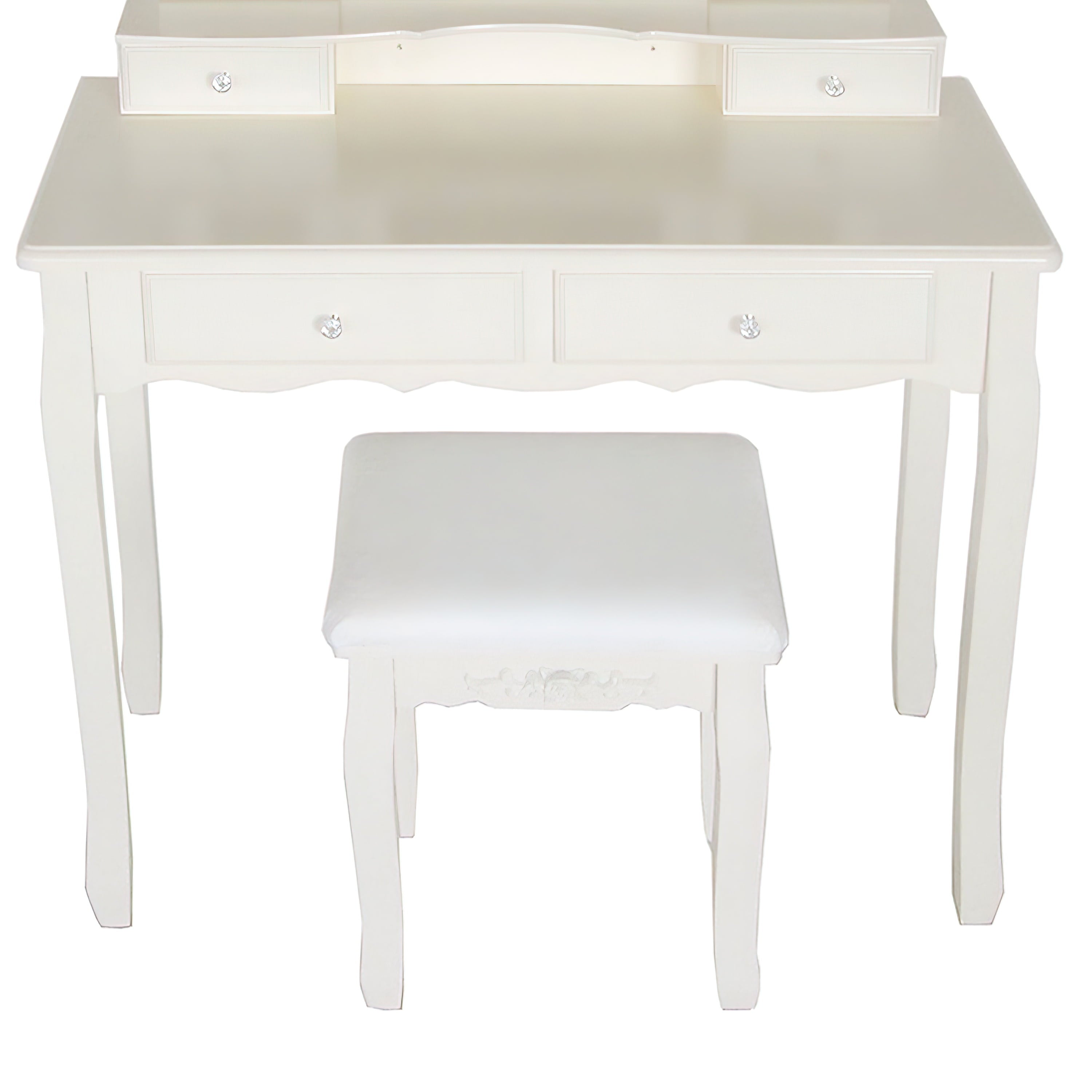 Lowest Prices - 35 Inch 3 Piece Vanity Desk Set with Cushioned Stool and Elegant Trifold Mirror, 4 Drawers, Off White Solid Wood-Saltoro