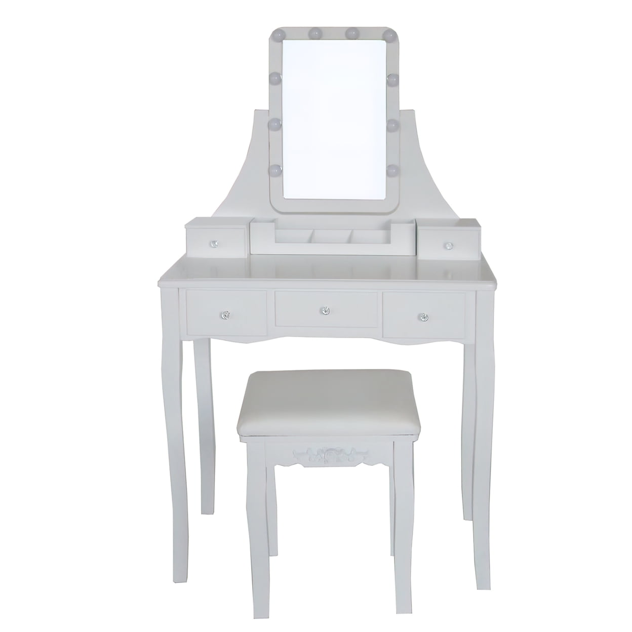 Lowest Prices - 32 Inch 2 Piece Vanity Desk Set with LED Lights, 5 Drawers, Cushioned Stool, White Solid Wood-Saltoro Sherpi