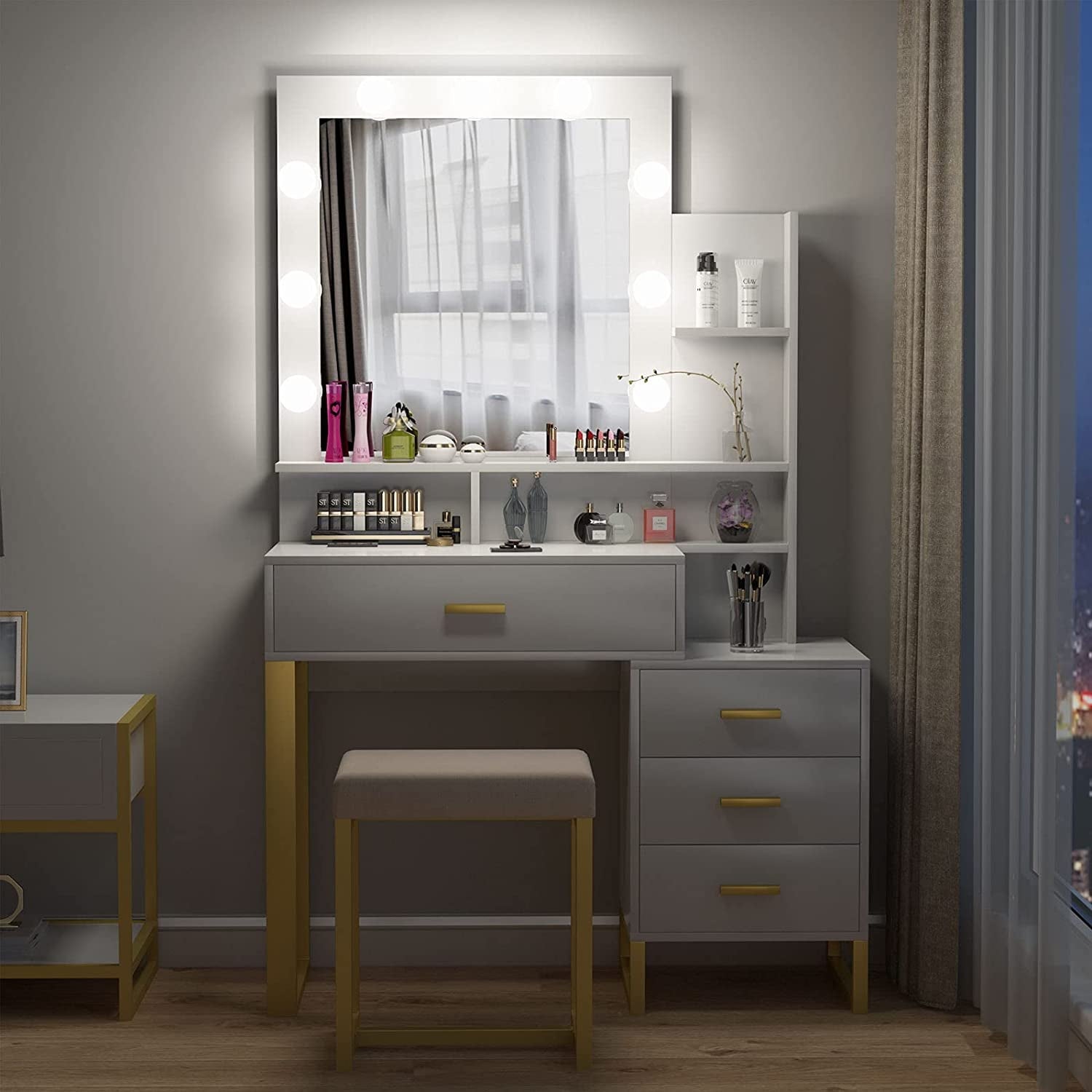 Lowest Prices - Pakasept Vanity Set with Lighted Mirror, Makeup Vanity Dressing Table with LED Light, Drawers, Storage Shelves and Cushioned Stool, Small Vanity Desk for Bedroom