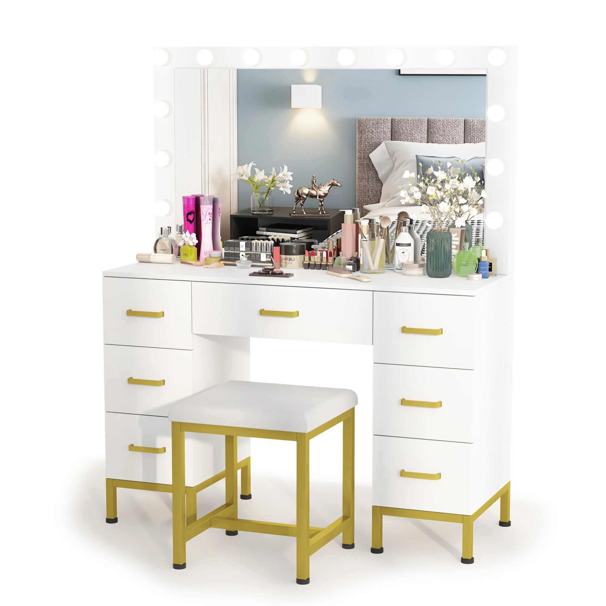 Lowest Prices - PAKASEPT Vanity Set with Lighted Mirror, Makeup Vanity Dressing Table with 14PCS LED Bulbs, Cushioned Stool & 7 Drawers, Large 44