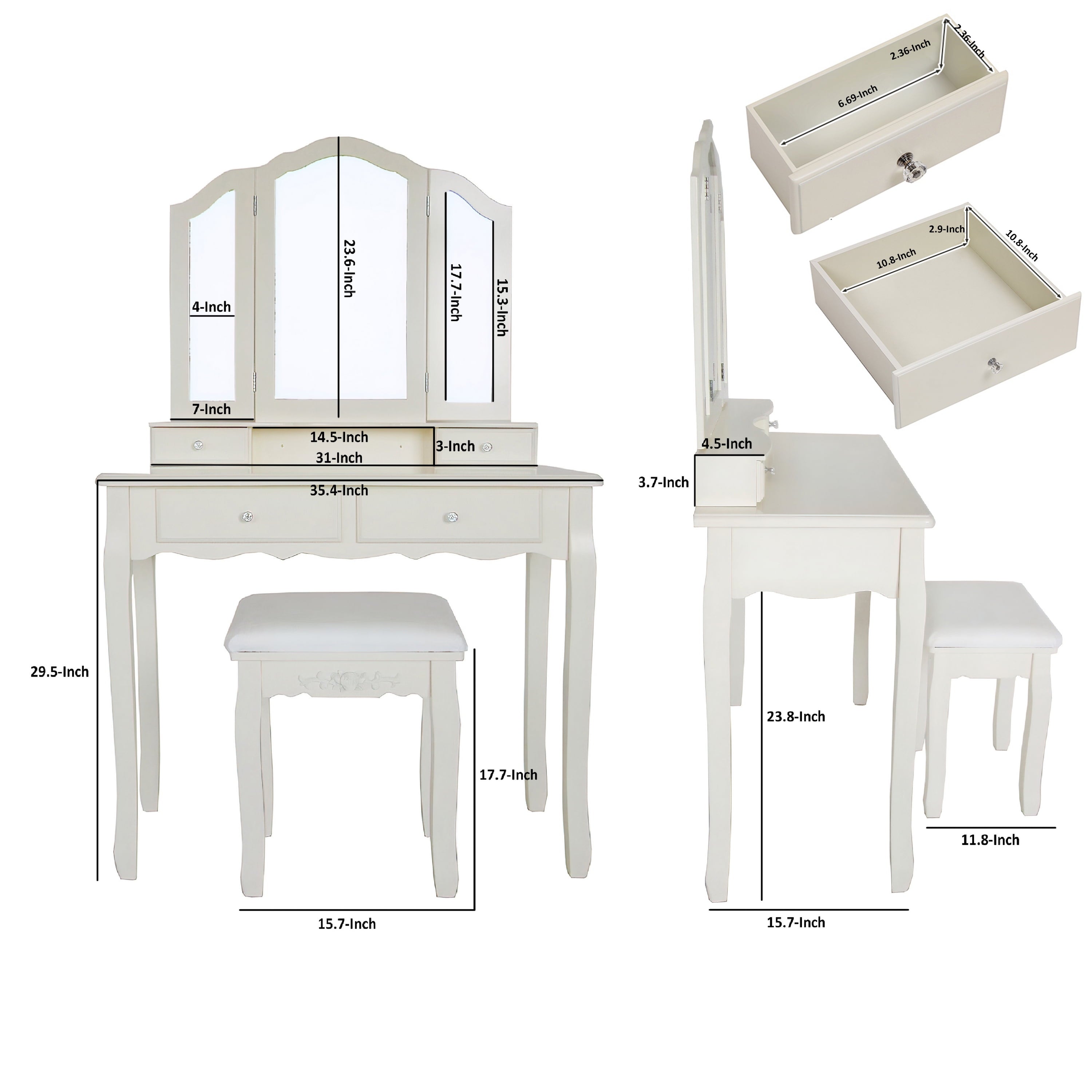 Lowest Prices - 35 Inch 3 Piece Vanity Desk Set with Cushioned Stool and Elegant Trifold Mirror, 4 Drawers, Off White Solid Wood-Saltoro