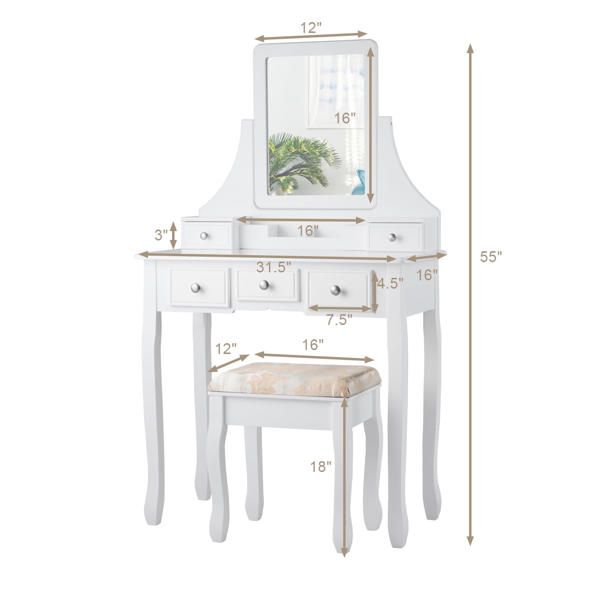 Lowest Prices - Gymax Vanity Set Makeup Dressing Table & Stool w/5 Drawers White