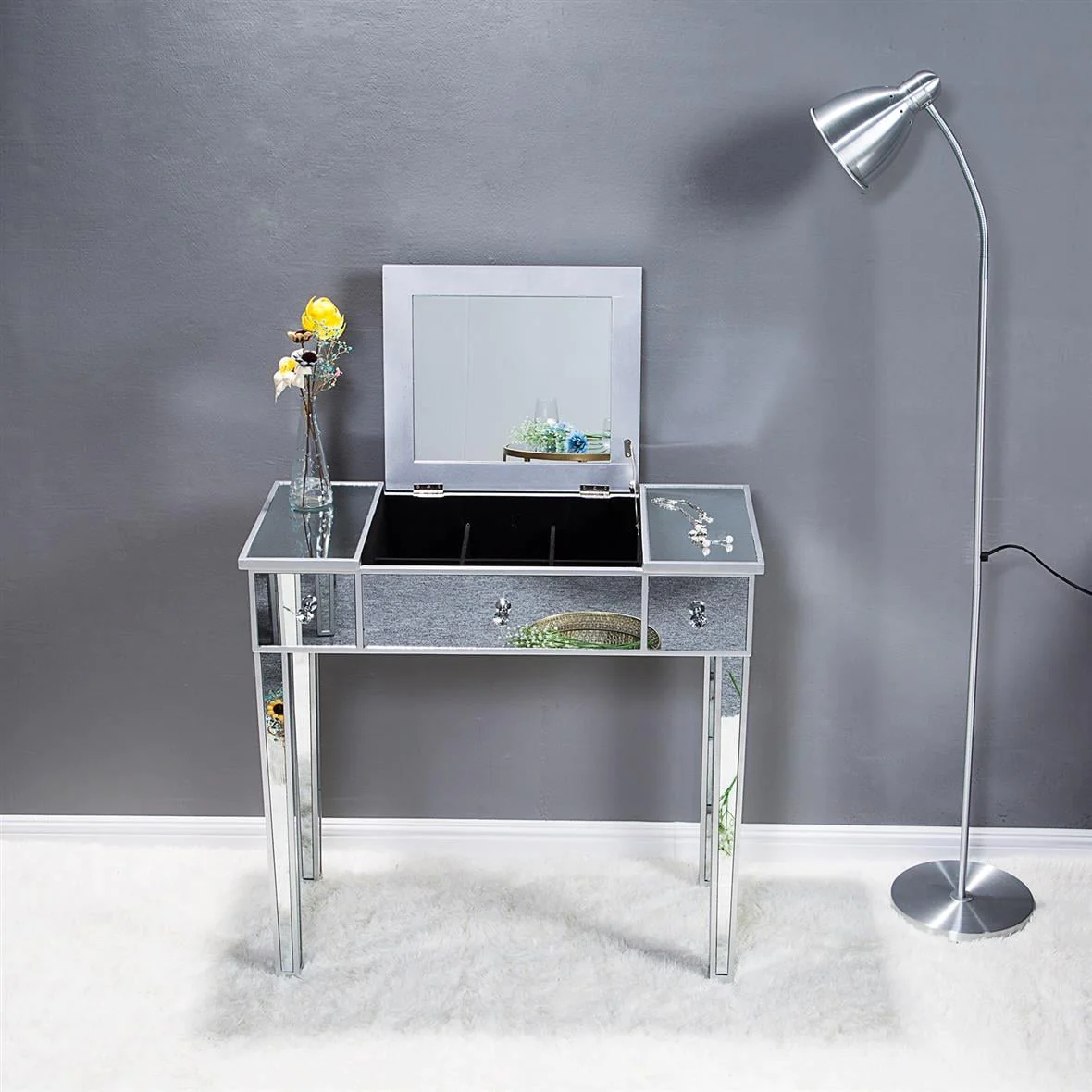 Lowest Prices - Zimtown Vanity Table Makeup Dressing Table Wood Jewelry Desk with Flip-top Mirror 3 drawers(Stool is NOt INCLUDED),Silver