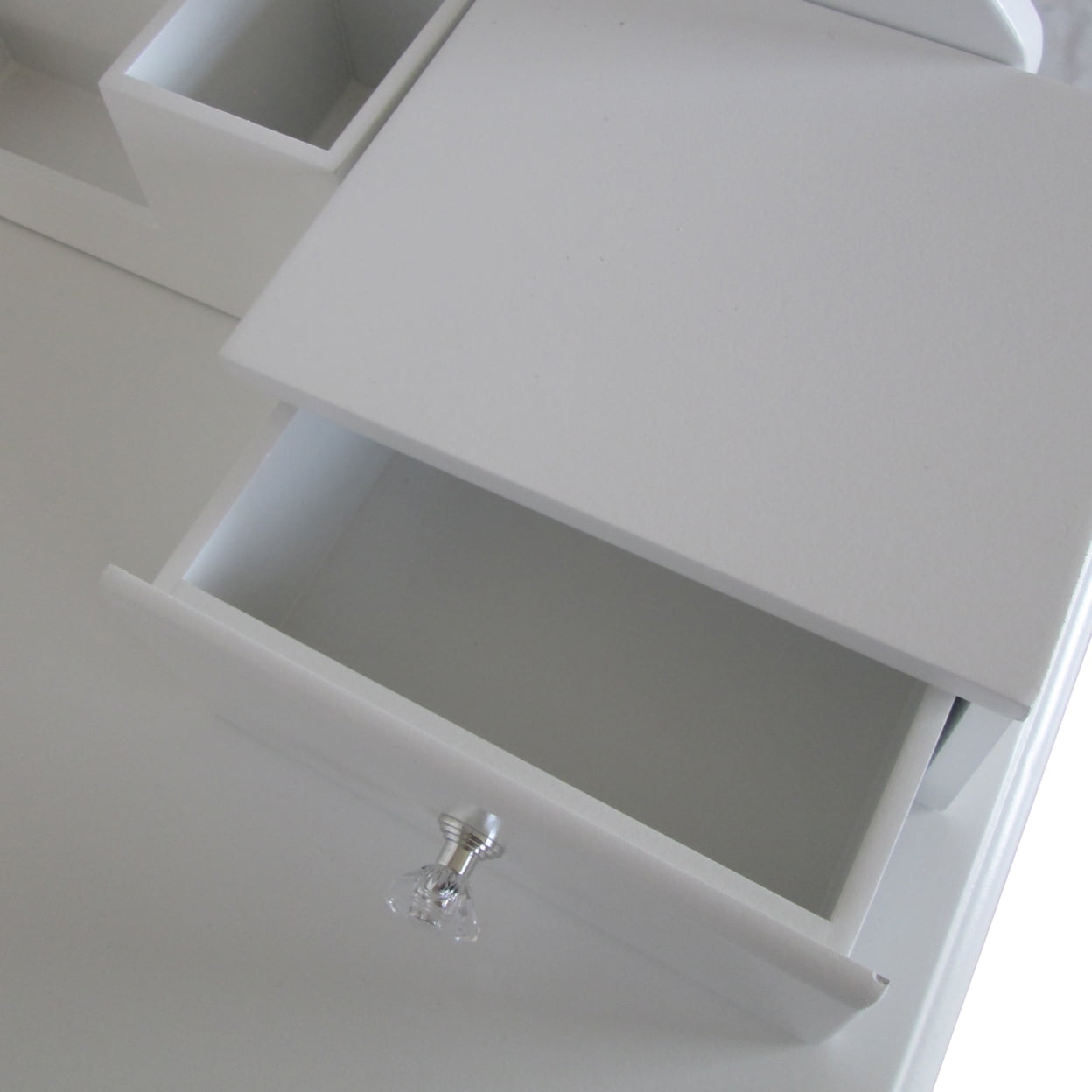 Lowest Prices - 32 Inch 2 Piece Vanity Desk Set with LED Lights, 5 Drawers, Cushioned Stool, White Solid Wood-Saltoro Sherpi