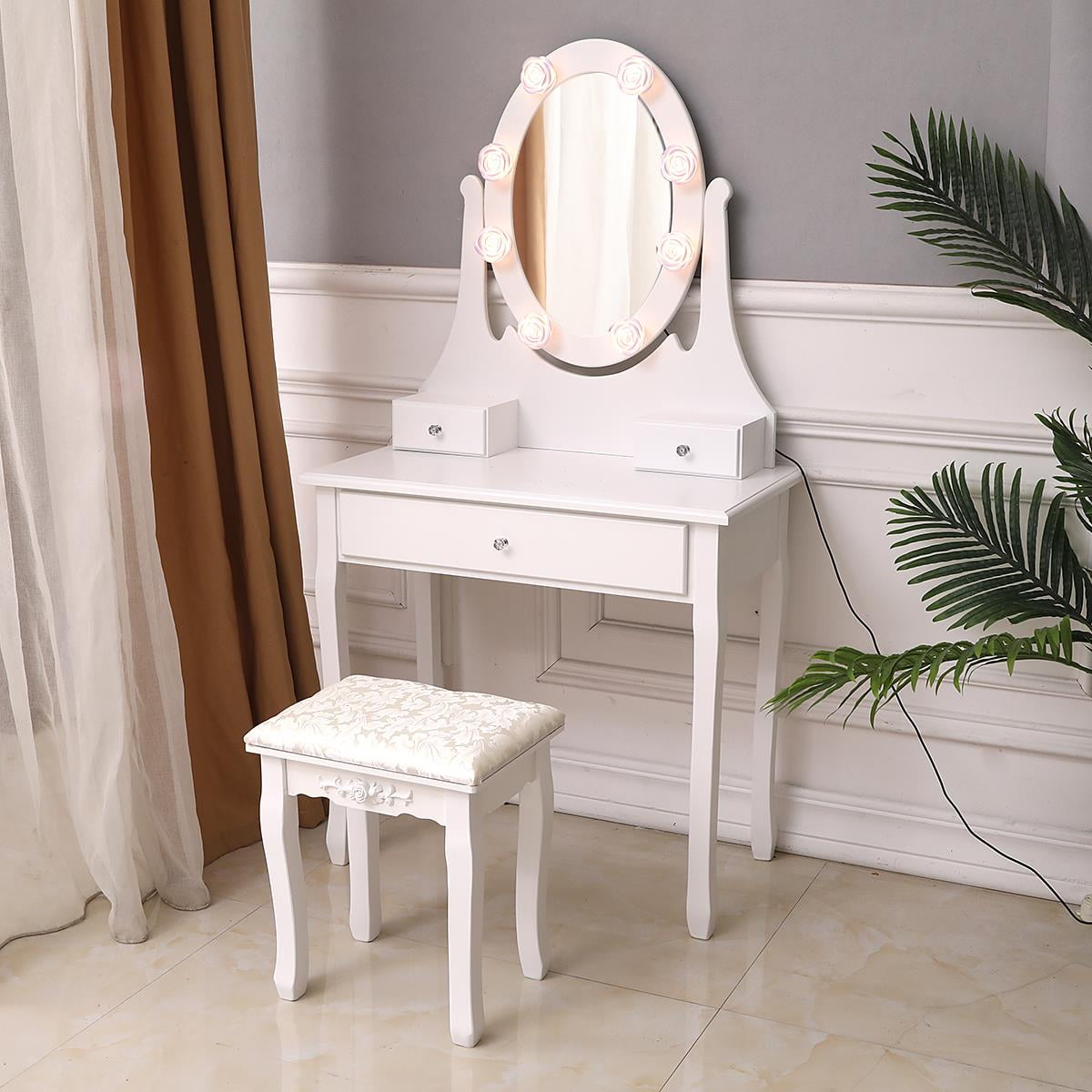 Lowest Prices - Ktaxon Makeup Vanity Table Set Mirror with LED Lights Dressing Table and Stool Set,Bedroom Vanities Tables with Benches