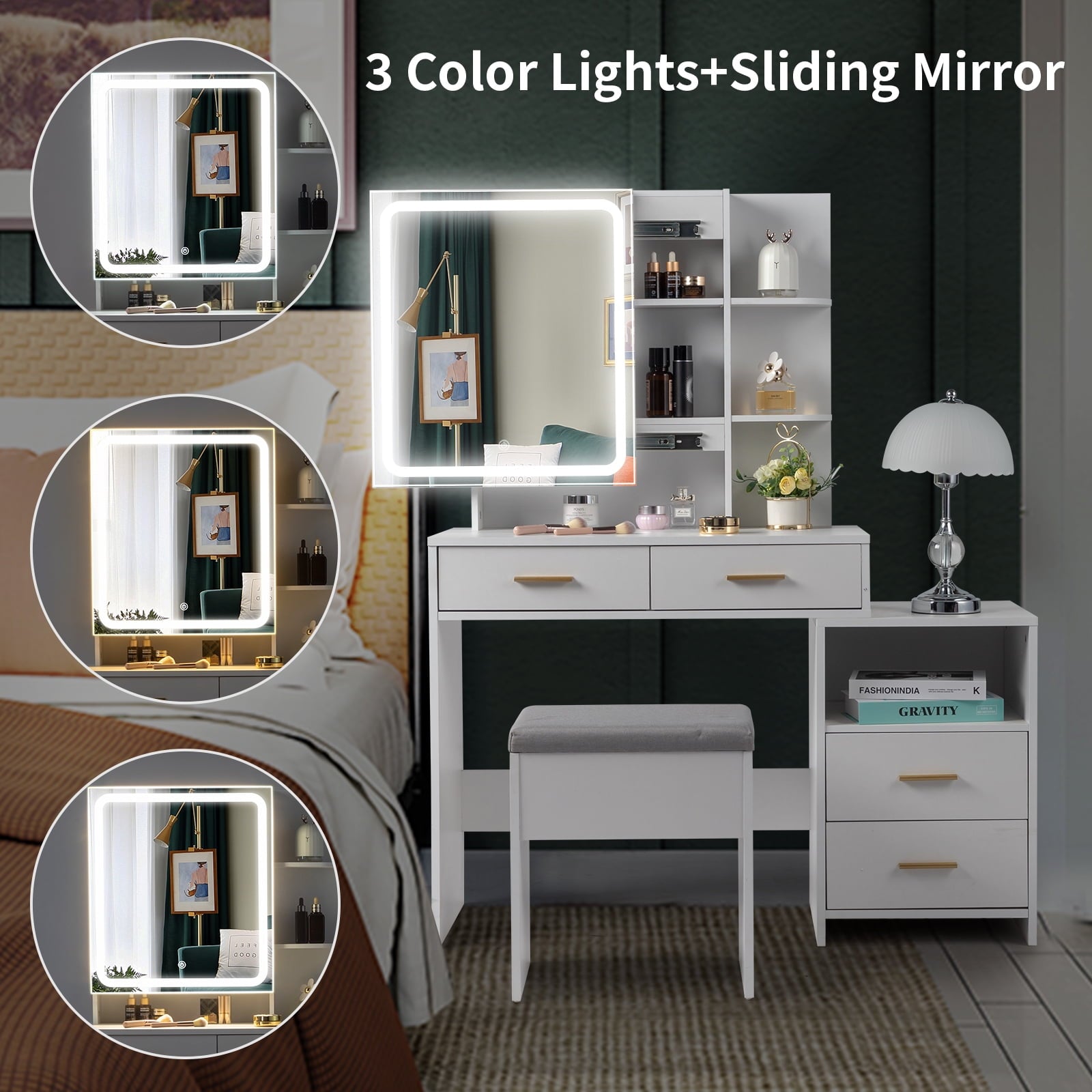 Lowest Prices - Ktaxon 3 Color Lighted Vanity Table with Sliding Mirror Vanity Set with Storage Drawers Hidden Shelves Cushion Stool White