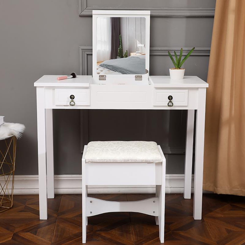 Lowest Prices - Ktaxon Dressing Table Vanity Set Makeup Table with Flip-top Mirror,Cushioned Stool and 2 drawers,White