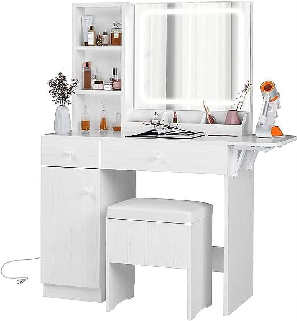 Lowest Prices - IRONCK Vanity Desk with LED Lighted Mirror & Power Outlet, Makeup Table with Drawers & Cabinet,Storage Stool,for Bedroom, White