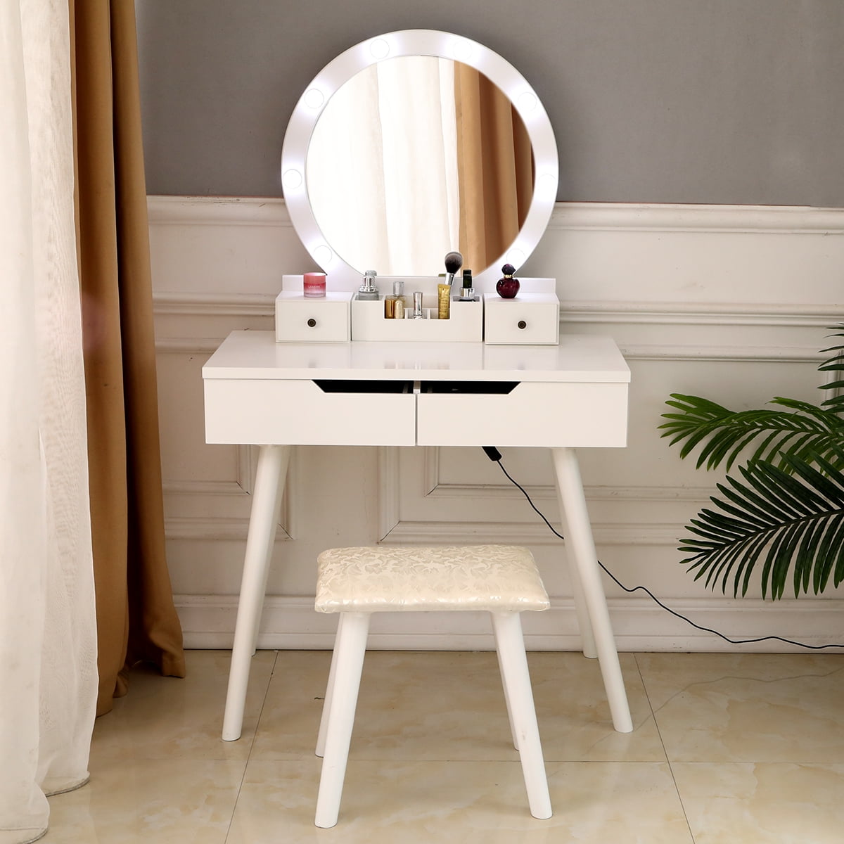 Lowest Prices - Ktaxon Vanity Set with Round Lighted Mirror, Makeup Dressing Table with 8 Light Bulbs & Cushioned Stool Set,Bedroom Vanities Set White