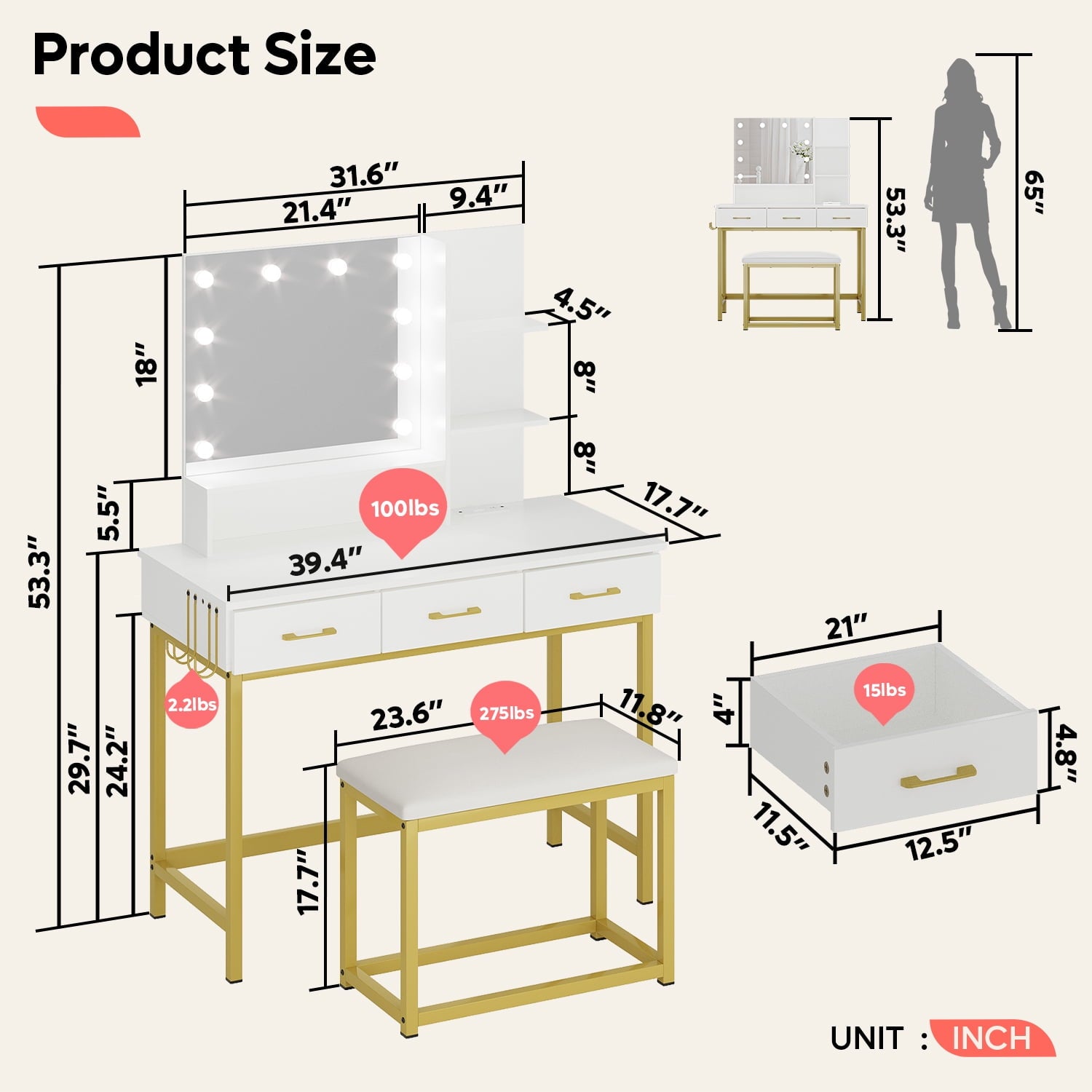 Lowest Prices - Bestier Vanity Set with Lighted Mirror & Power Outlet, Makeup Table with Drawers & Cushioned Stool for Bedroom in White