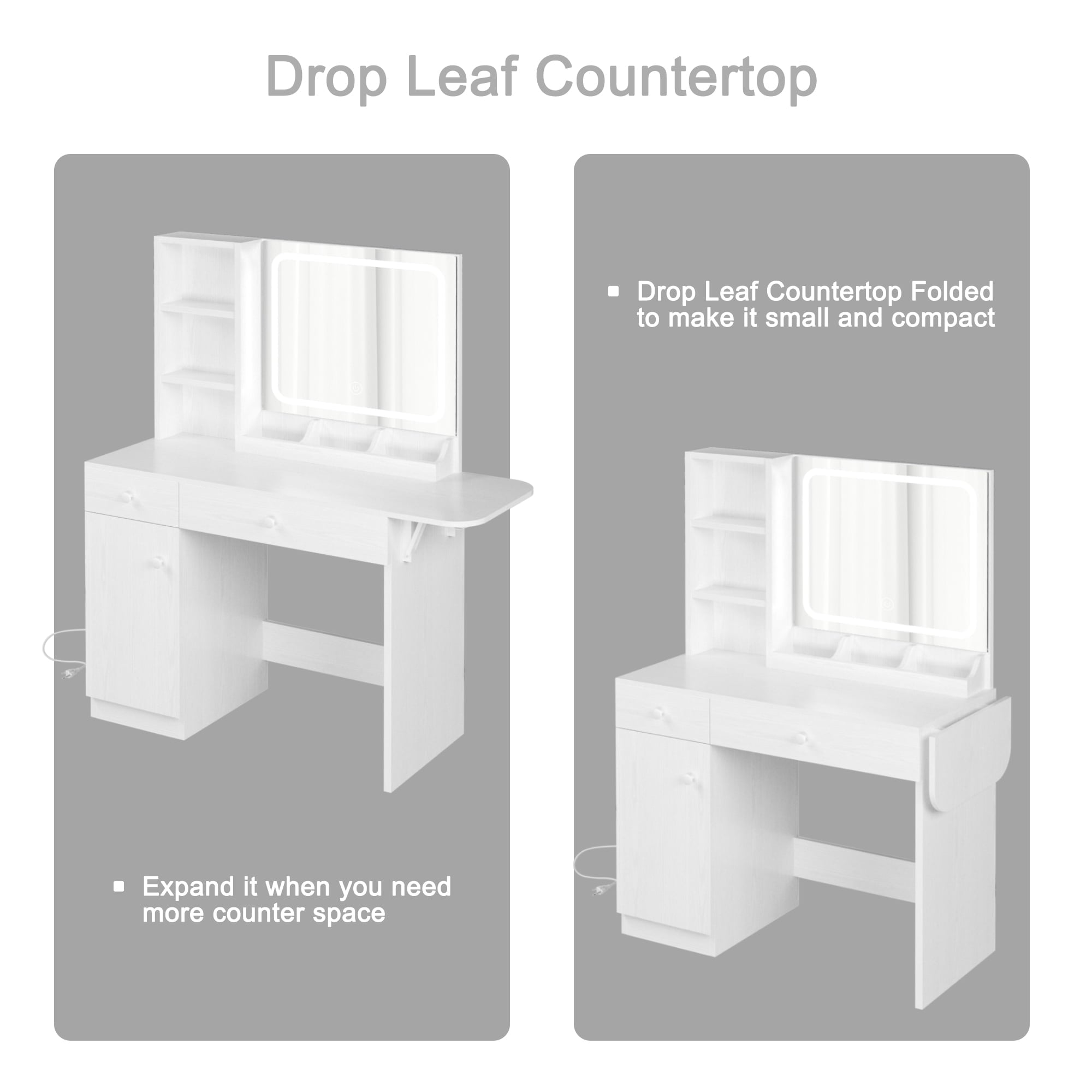 Lowest Prices - IRONCK Vanity Desk with LED Lighted Mirror & Power Outlet, Makeup Table with Drawers & Cabinet,Storage Stool,for Bedroom, White