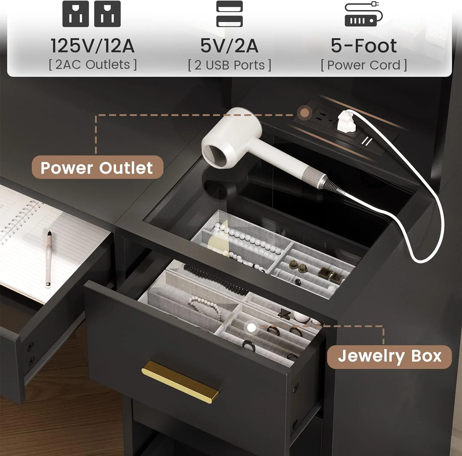 Lowest Prices - Black Vanity Set with Lights & Charging Station & Cushioned Stool, Modern Makeup Vanity Desk Table with Visible Drawers and Open Storage Shelves for Women Girls