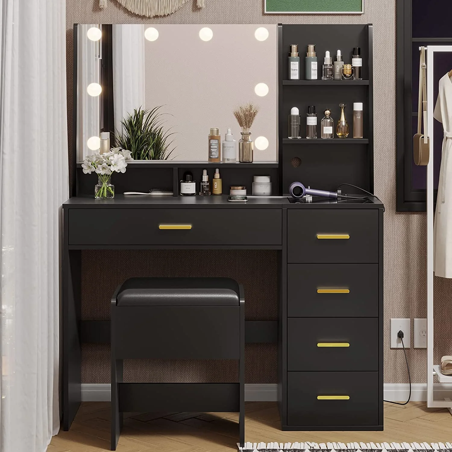 Lowest Prices - Black Vanity Set with Lights & Charging Station & Cushioned Stool, Modern Makeup Vanity Desk Table with Visible Drawers and Open Storage Shelves for Women Girls