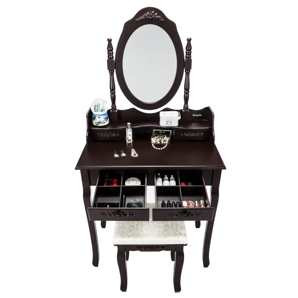 Lowest Prices - UBesGoo 4 Drawer Vanity Makeup Dressing Table Set w/Stool&Mirror Jewelry Wood Brown