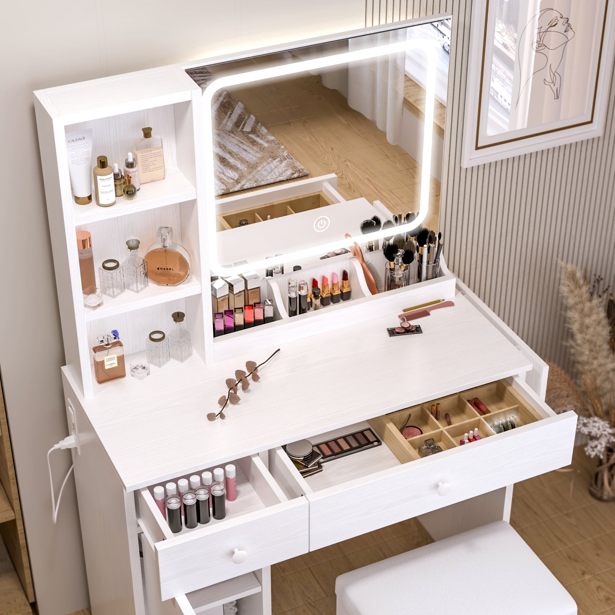 Lowest Prices - IRONCK Vanity Desk with LED Lighted Mirror & Power Outlet, Makeup Table with Drawers & Cabinet,Storage Stool,for Bedroom, White