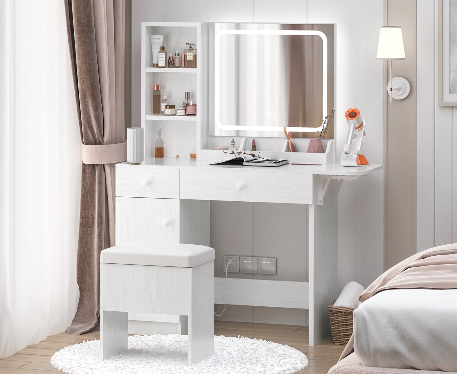 Lowest Prices - IRONCK Vanity Desk with LED Lighted Mirror & Power Outlet, Makeup Table with Drawers & Cabinet,Storage Stool,for Bedroom, White