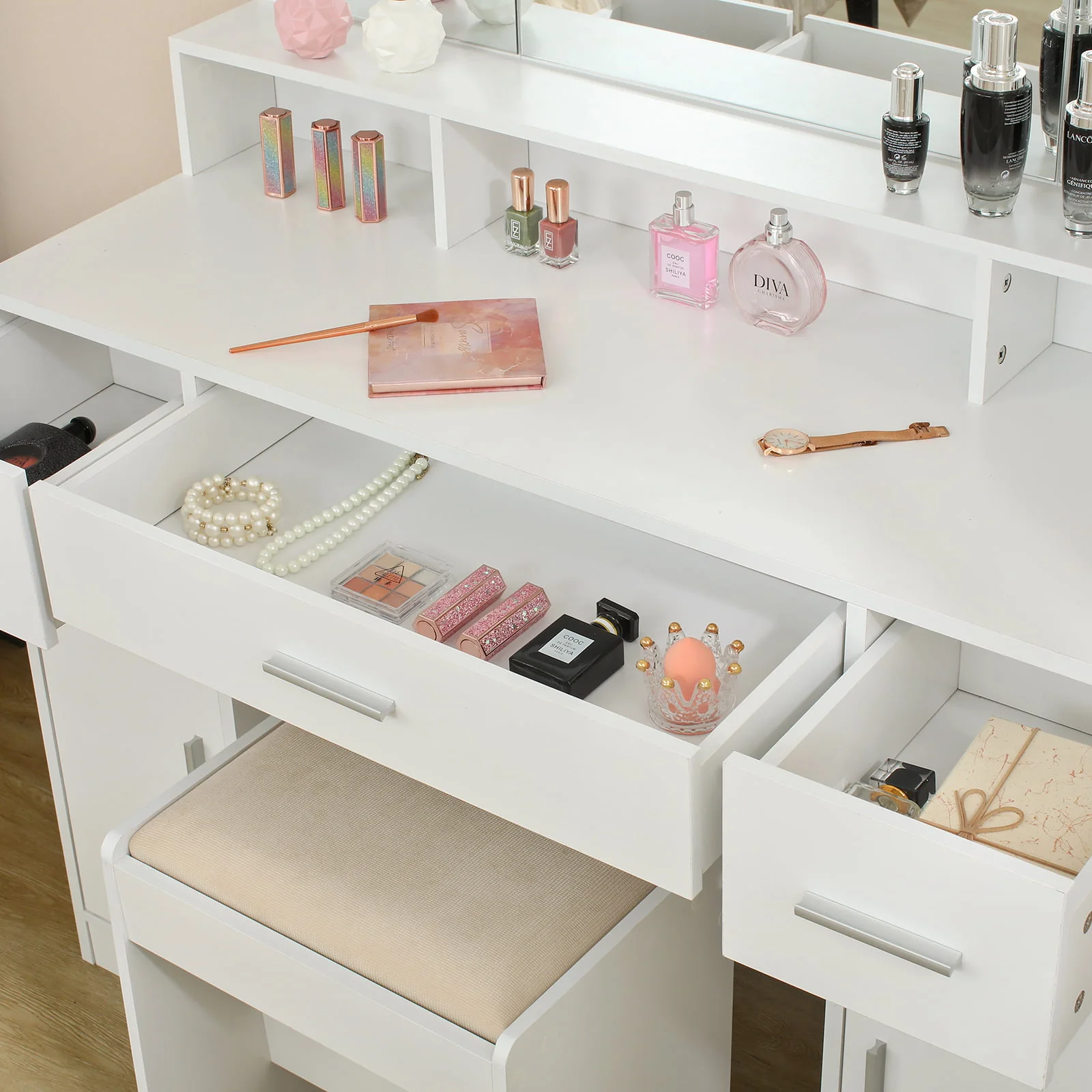 Lowest Prices - USIKEY Large Vanity Set with Large Lighted Mirror, Modern Makeup Vanity Table with 3 Drawers, 2 Storage Cabinets & 10 LED Bulbs and Cushioned Stool for Women, Bedroom, WhiteSZT32WD