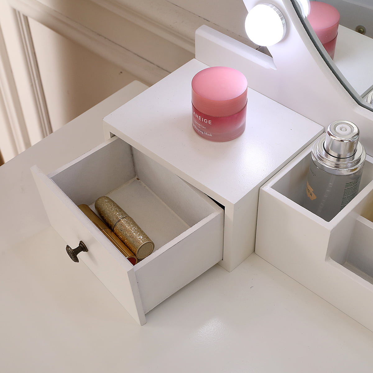 Lowest Prices - Ktaxon Vanity Set with Round Lighted Mirror, Makeup Dressing Table with 8 Light Bulbs & Cushioned Stool Set,Bedroom Vanities Set White