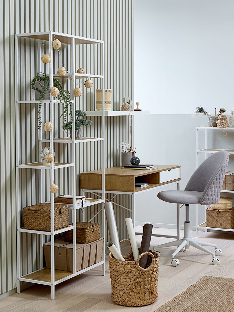 Shelving unit TRAPPEDAL 7 shelves oak color/white