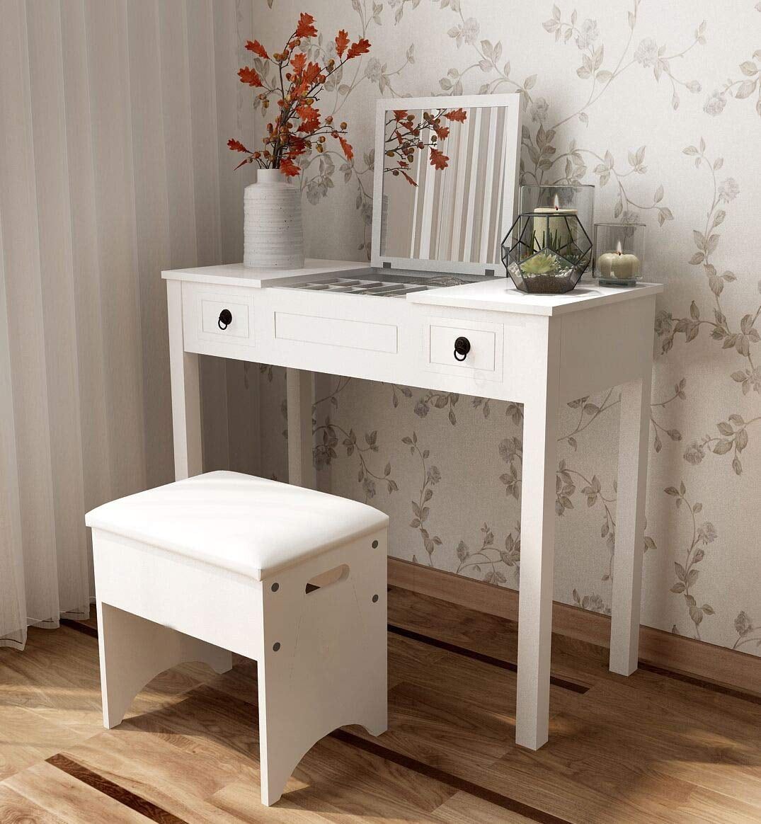 Lowest Prices - Ktaxon Dressing Table Vanity Set Makeup Table with Flip-top Mirror,Cushioned Stool and 2 drawers,White