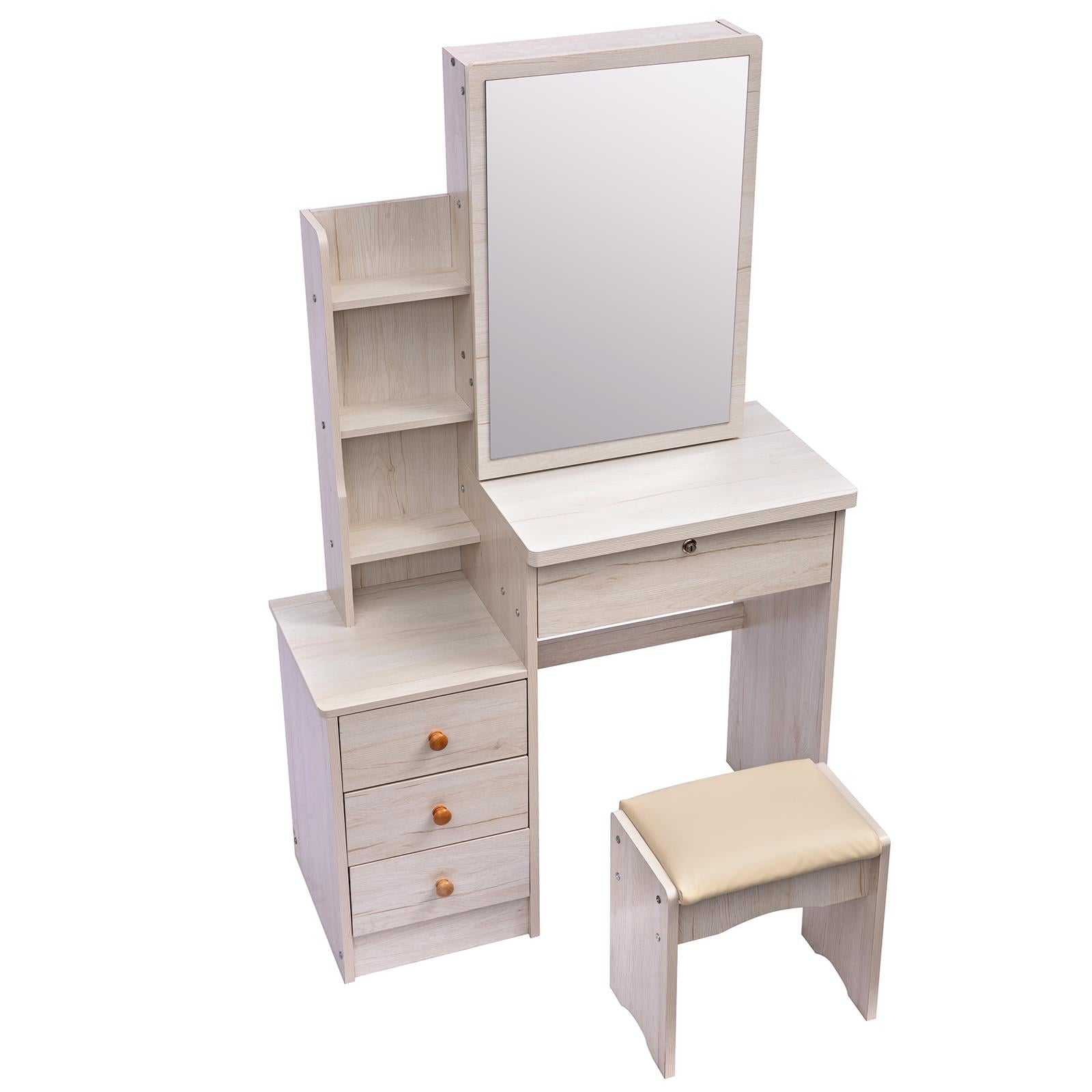 Lowest Prices - UBesGoo Vanity Set with Sliding Mirror, Makeup Vanity Dressing Table with 4 Drawers, Shelves, Dresser Desk and Cushioned Stool Set (White Oak Color)