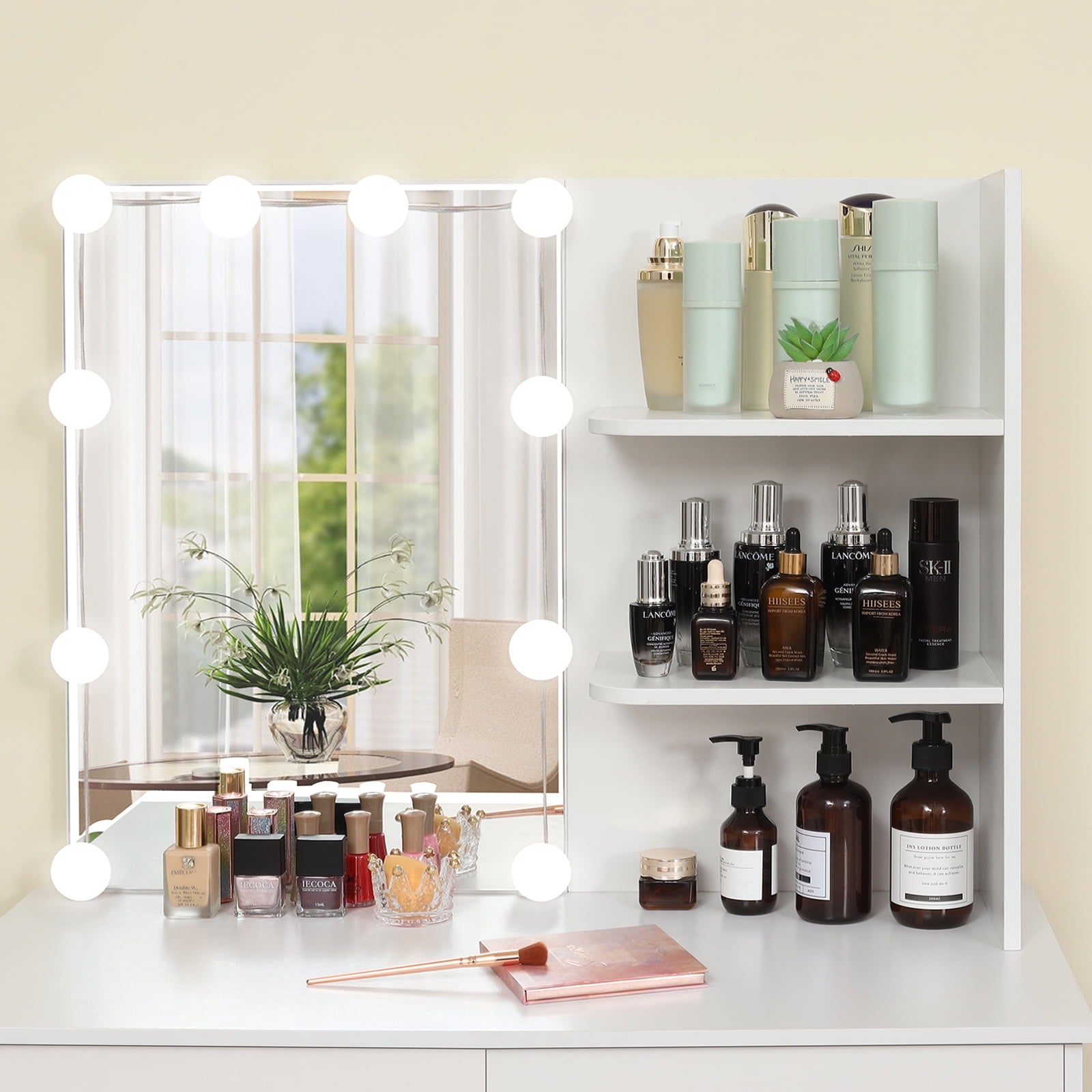 Lowest Prices - USIKEY Vanity Table Set for Gift with 10 Hollywood Style Lights, Dressing Vanity Table with 2 Long Shelves and 2 Big Drawers, Makeup Table with Cushioned Stool for Women, Girls, Bedroom, White