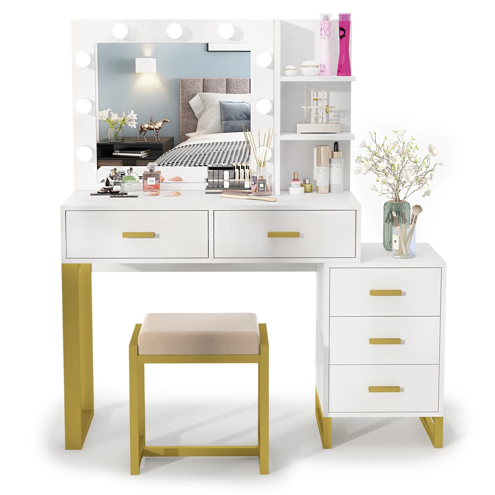 Lowest Prices - PAKASEPT Vanity Set with Lighted Mirror, Large Vanity Desk Makeup Vanity Dressing Table with 9 LED Lights, 5 Drawers, Storage Shelves&Cushioned Stool for Bedroom