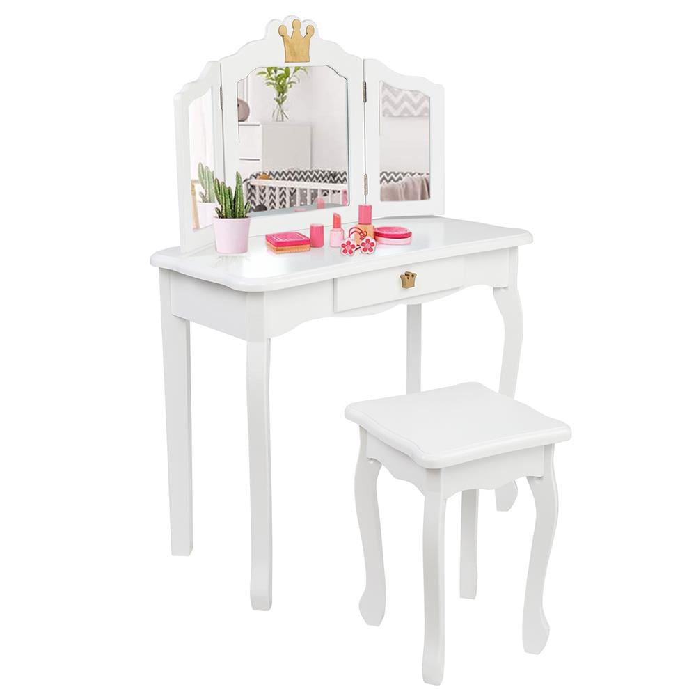 Lowest Prices - BaytoCare Kids Vanity Table Wooden Dressing Table with Stool and Drawer