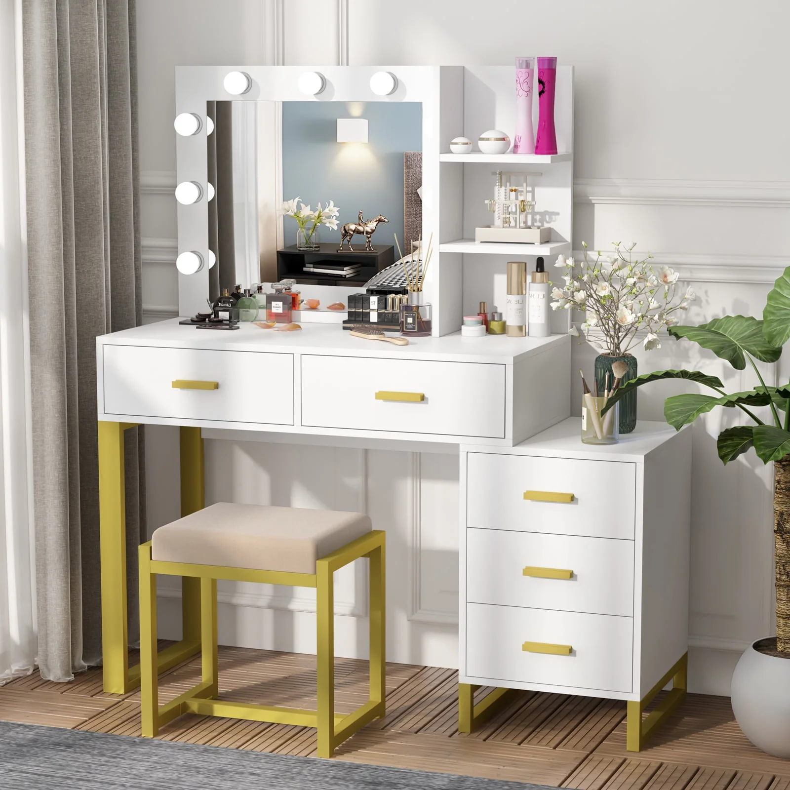 Lowest Prices - PAKASEPT Vanity Set with Lighted Mirror, Large Vanity Desk Makeup Vanity Dressing Table with 9 LED Lights, 5 Drawers, Storage Shelves&Cushioned Stool for Bedroom