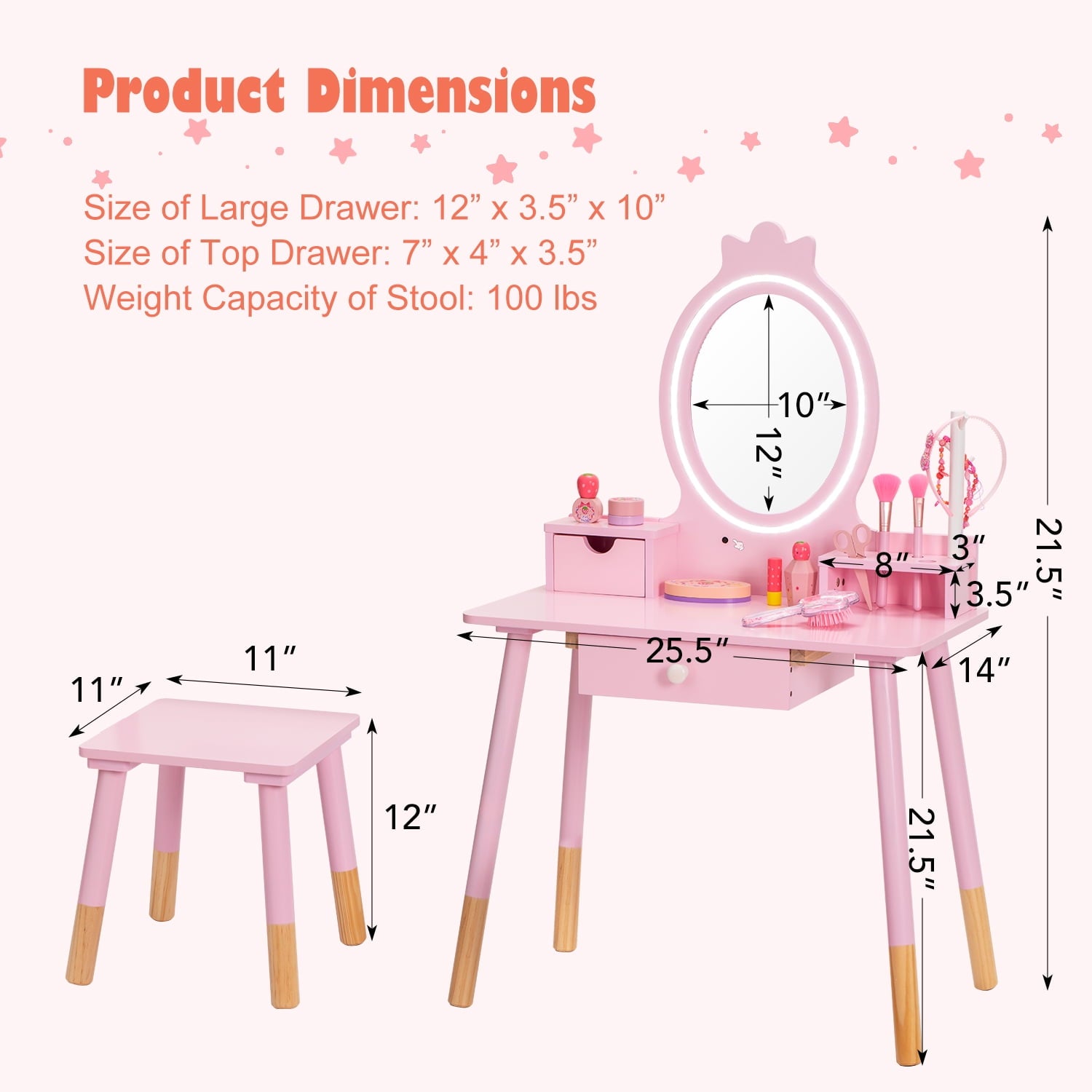 Lowest Prices - BRINJOY Kids Vanity Set with Mirror, Wooden Make Up Beauty Dressing Table with Lights & Stool & Jewelry Rack & Storage Board, Children Princess Vanity Table Pretend Playset for Girls