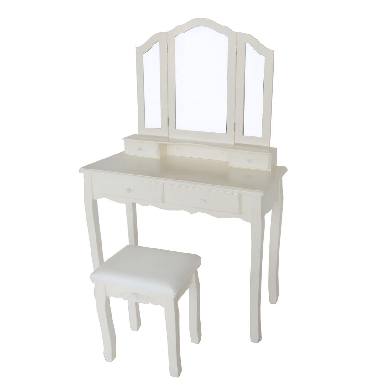 Lowest Prices - 35 Inch 3 Piece Vanity Desk Set with Cushioned Stool and Elegant Trifold Mirror, 4 Drawers, Off White Solid Wood-Saltoro