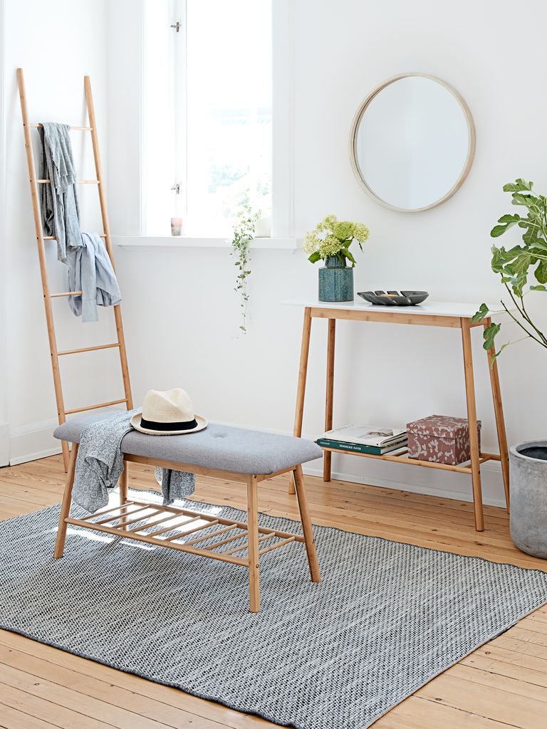 Bench VANDSTED w/shelf grey fabric/bamboo