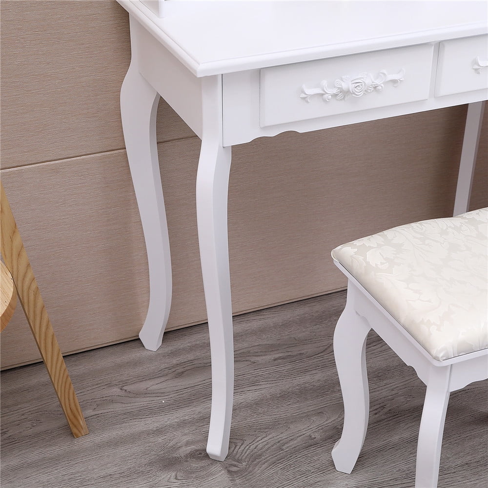 Lowest Prices - Ktaxon Vanity Jewelry Wooden Makeup Dressing Table Set W/Stool Mirror Cabinet &4 Drawer