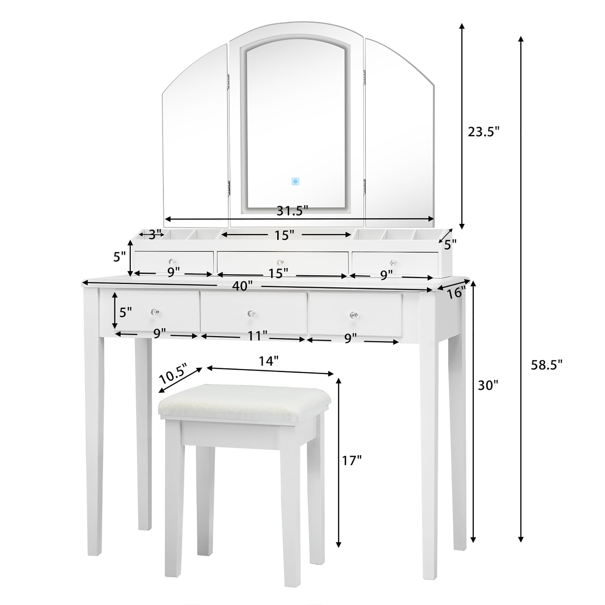 Lowest Prices - Costway Vanity Table Stool Set Large Tri-folding Lighted Mirror 6 Drawer Dresser White