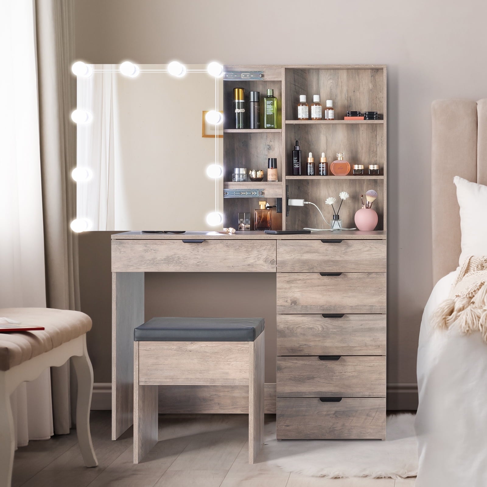 Lowest Prices - Ktaxon Vanity Set with 3 Color Lighted Mirror & Charging Station, Makeup Table with 6 Drawers, Dressing Table Makeup Desk with Stool,Retro Gray