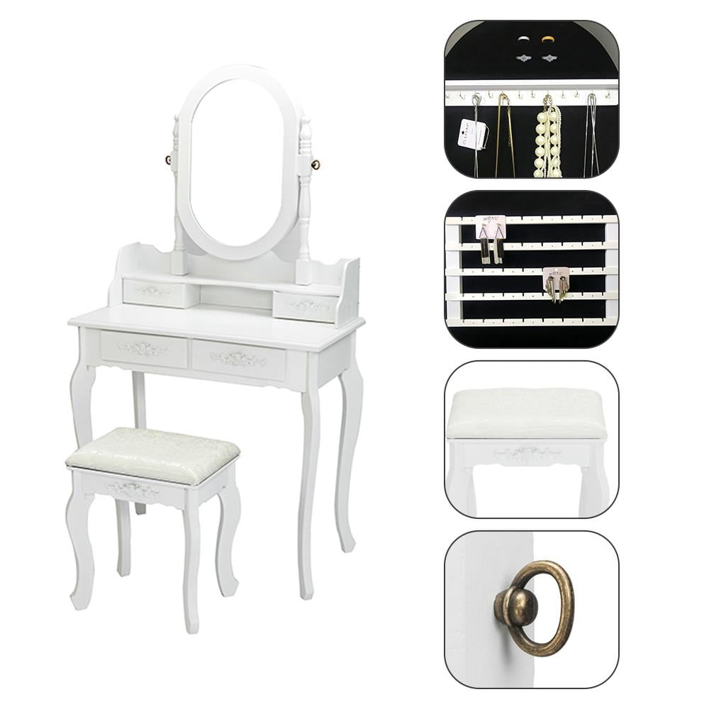 Lowest Prices - Ktaxon Vanity Jewelry Wooden Makeup Dressing Table Set W/Stool Mirror Cabinet &4 Drawer