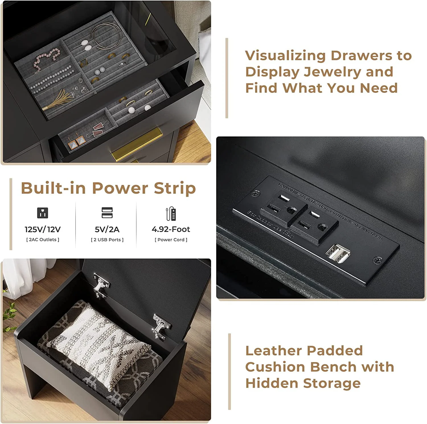 Lowest Prices - Black Vanity Set with Lights & Charging Station & Cushioned Stool, Modern Makeup Vanity Desk Table with Visible Drawers and Open Storage Shelves for Women Girls