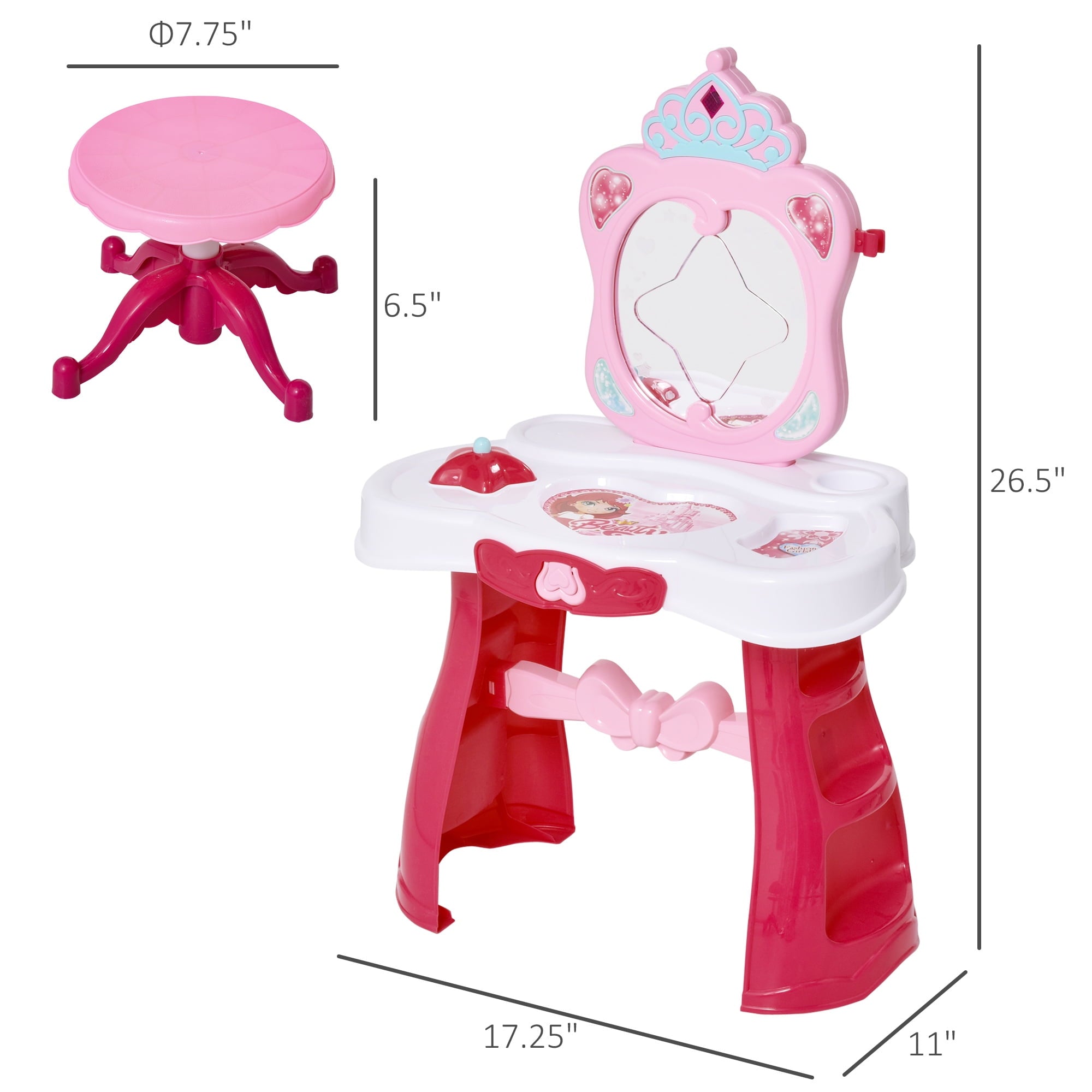 Lowest Prices - Qaba Children Dressing Table Set for Kids of 3-6 Years Dream Princess Vanity Set for Girls Make Up Table and Stool Set with Music and Lightening Pink White