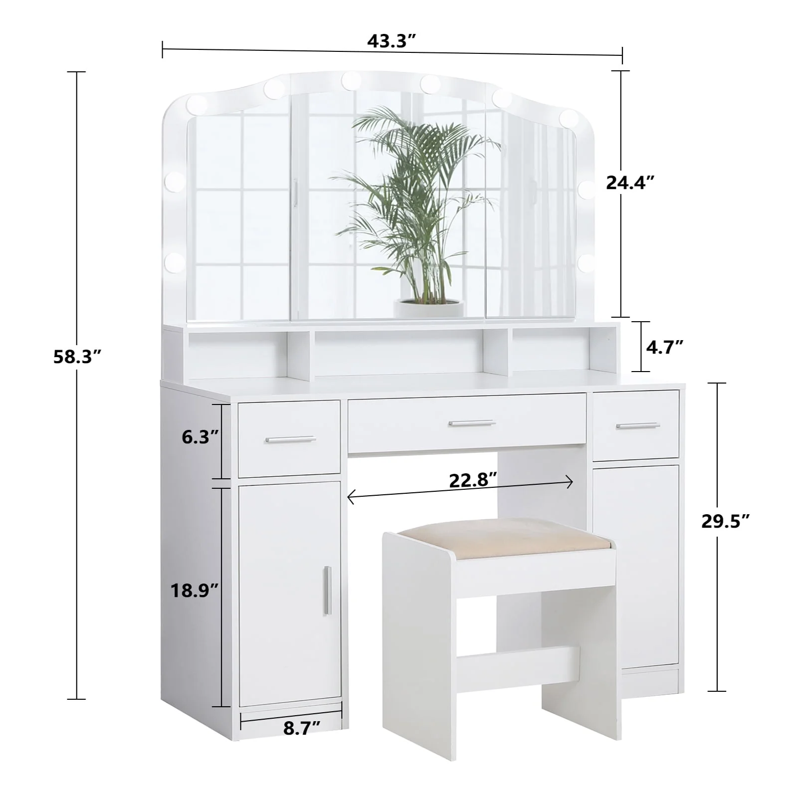 Lowest Prices - USIKEY Large Vanity Set with Large Lighted Mirror, Modern Makeup Vanity Table with 3 Drawers, 2 Storage Cabinets & 10 LED Bulbs and Cushioned Stool for Women, Bedroom, WhiteSZT32WD