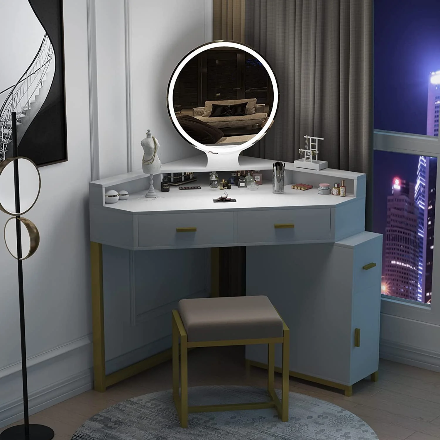 Lowest Prices - Corner Vanity Set with Lighted Mirror, Makeup Vanity Dressing Table with Drawers, Cabinet and Cushioned Stool, Girls Vanity Desk for Bathroom, Bedroom, White by TZUTOGETHER