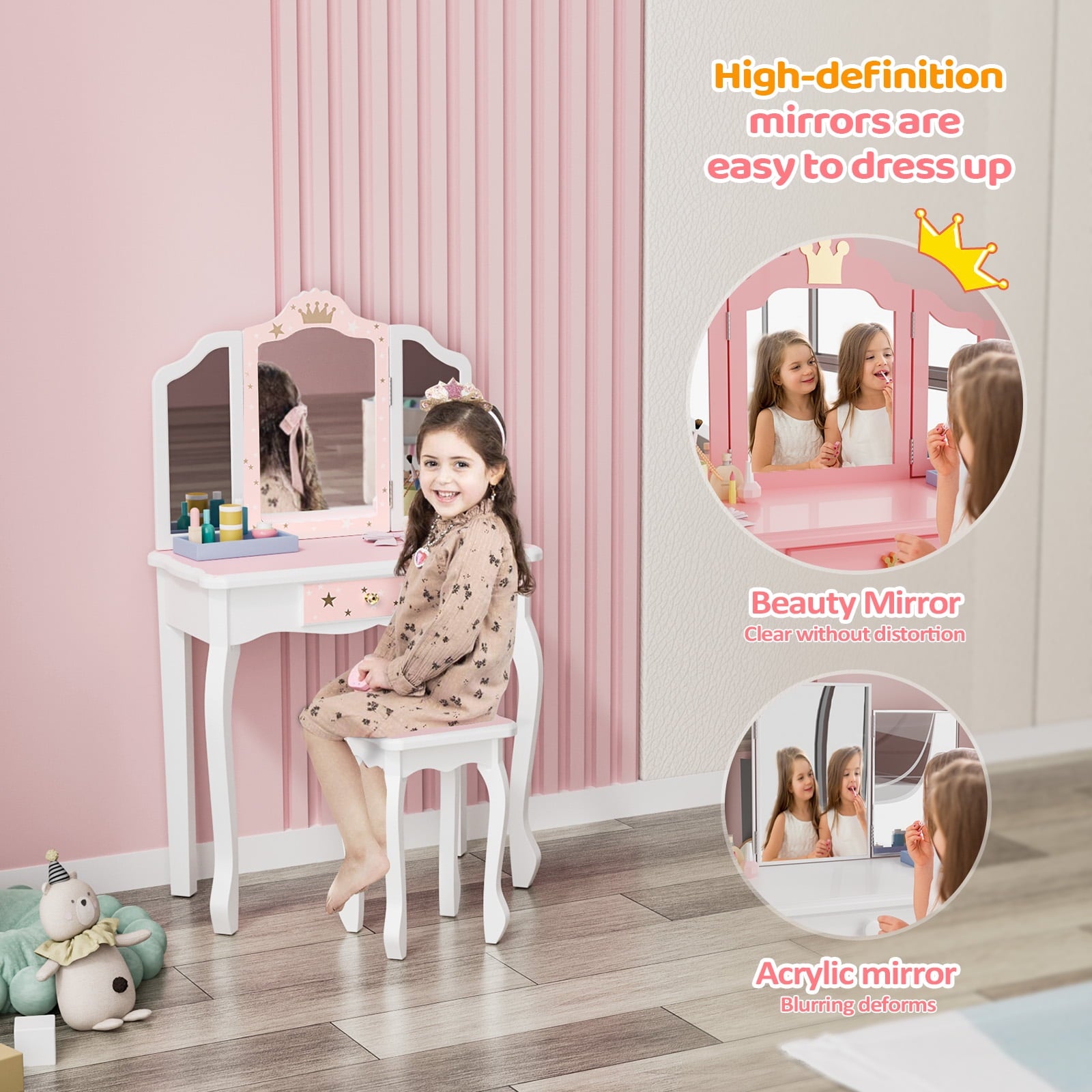 Lowest Prices - JOYMOR Kids Vanity Table and Stool for Makeup Dressing with Mirrors Drawers, White